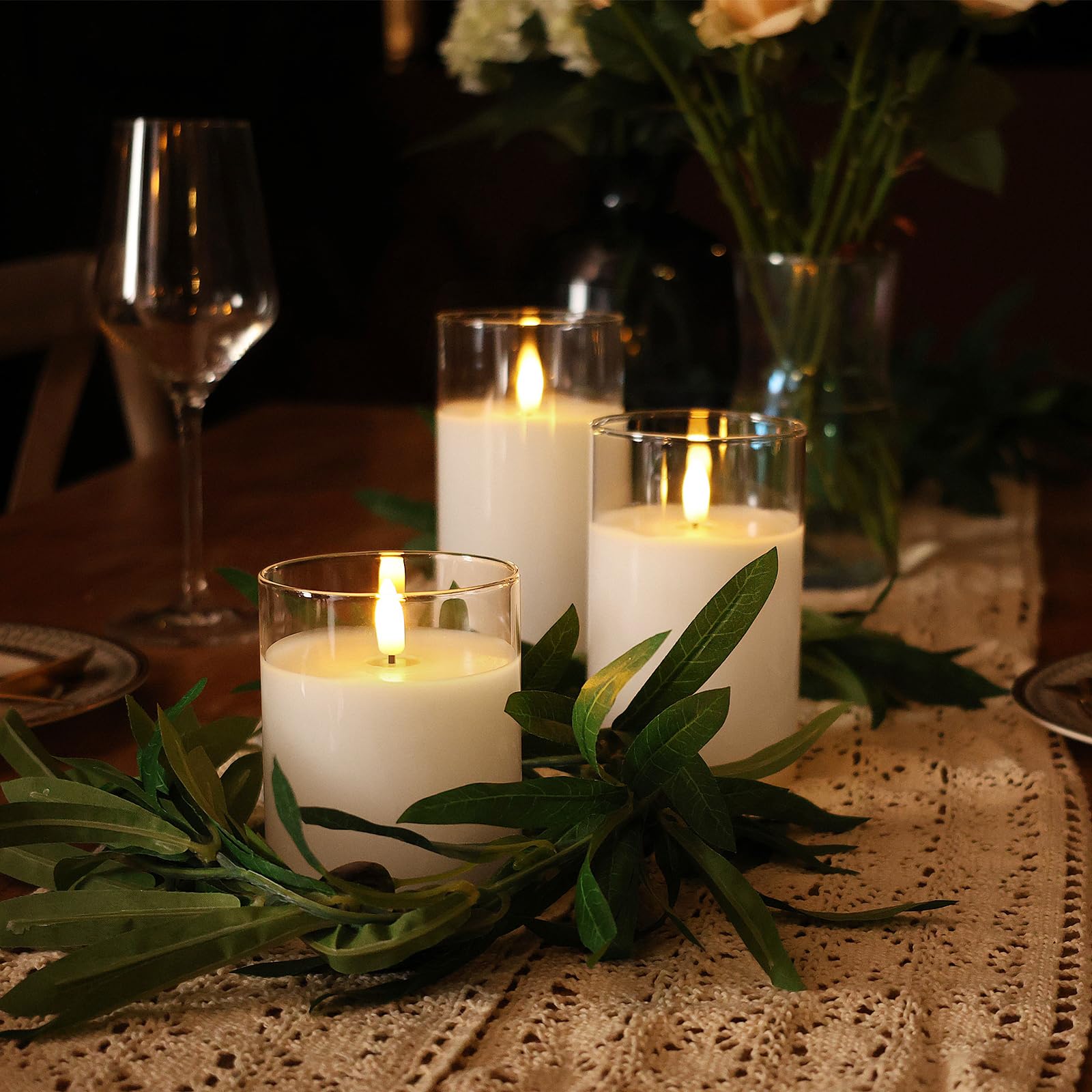 Credtarnos Battery Operated Candles, Clear Glass Flickering Flameless Candles With Remote And Timer,3D Wick White Real Wax Led C