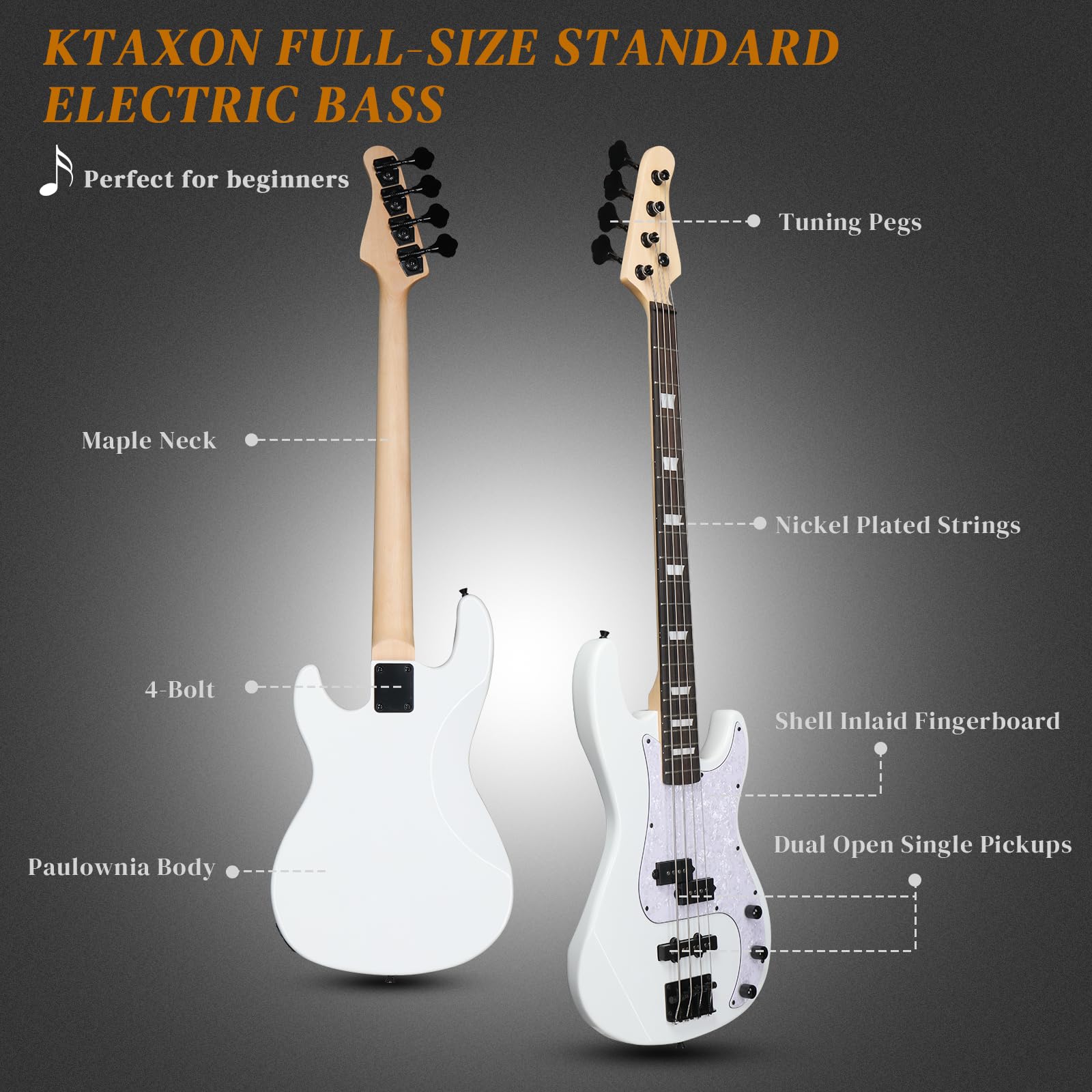 Ktaxon 4 String Electric Bass Guitar, Pb Style Full Size Standard Right Handed Beginner Kit With 20W Amp Gig Bag Strap For Kids