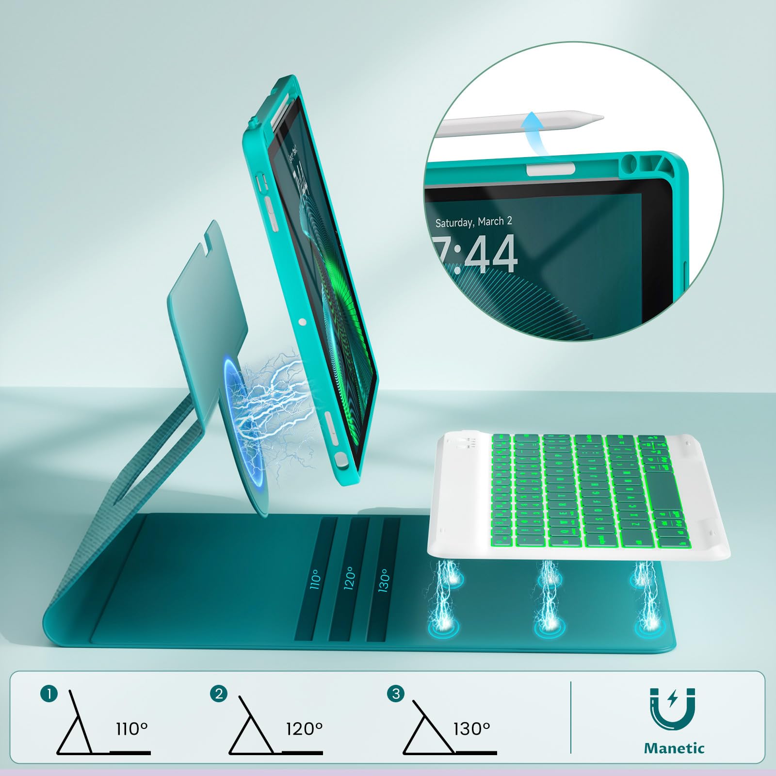 Oyeeice For Ipad 9Th Generation Case With Keyboard   Detachable Wireless Backlit Keyboard, Upgraded Magnetic Cover With Pencil H