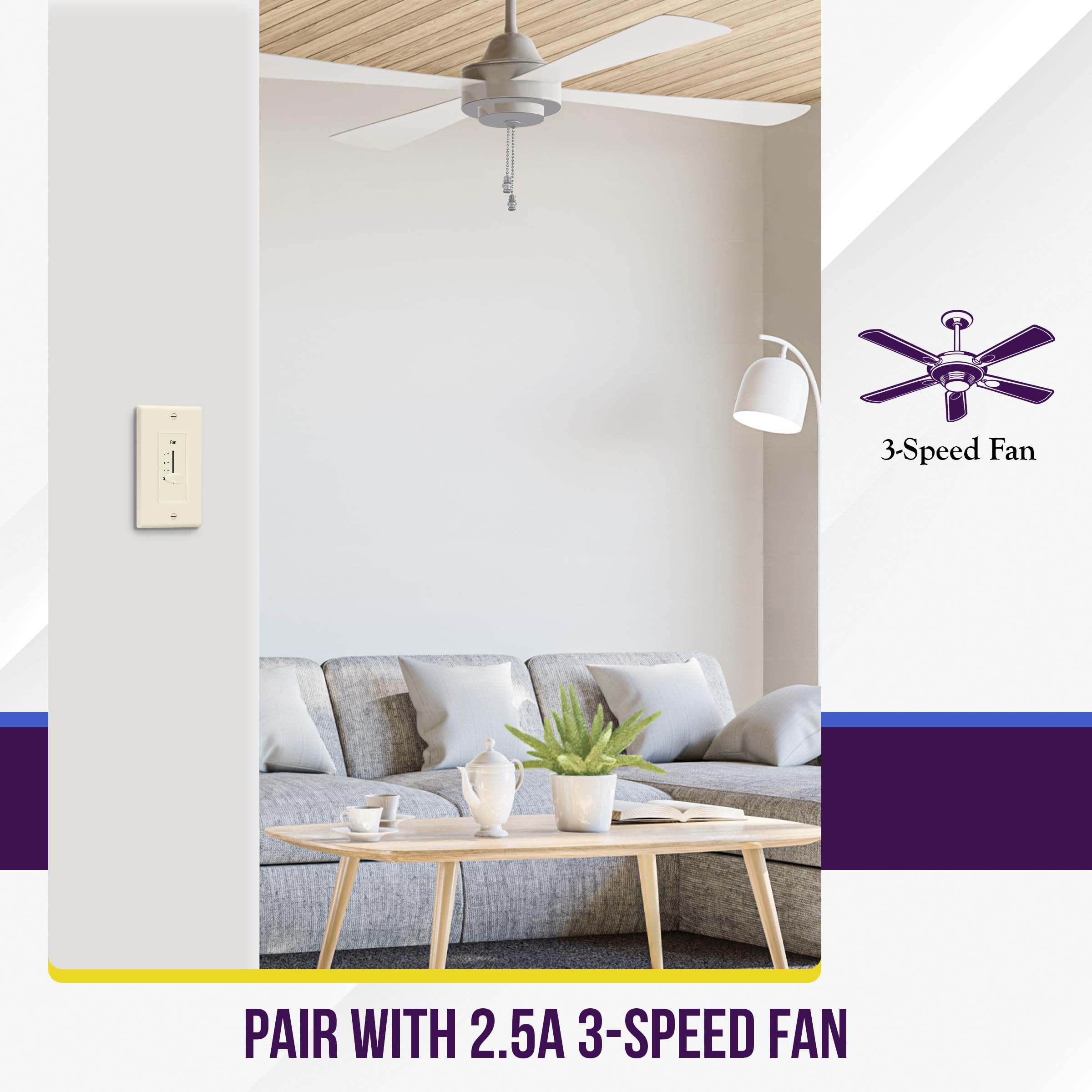 Enerlites 3 Speed In Wall Ceiling Fan Control, Slide Switch, 120Vac, 2.5A, Single Pole, No Neutral Wire Required, 17000 F3 La F,