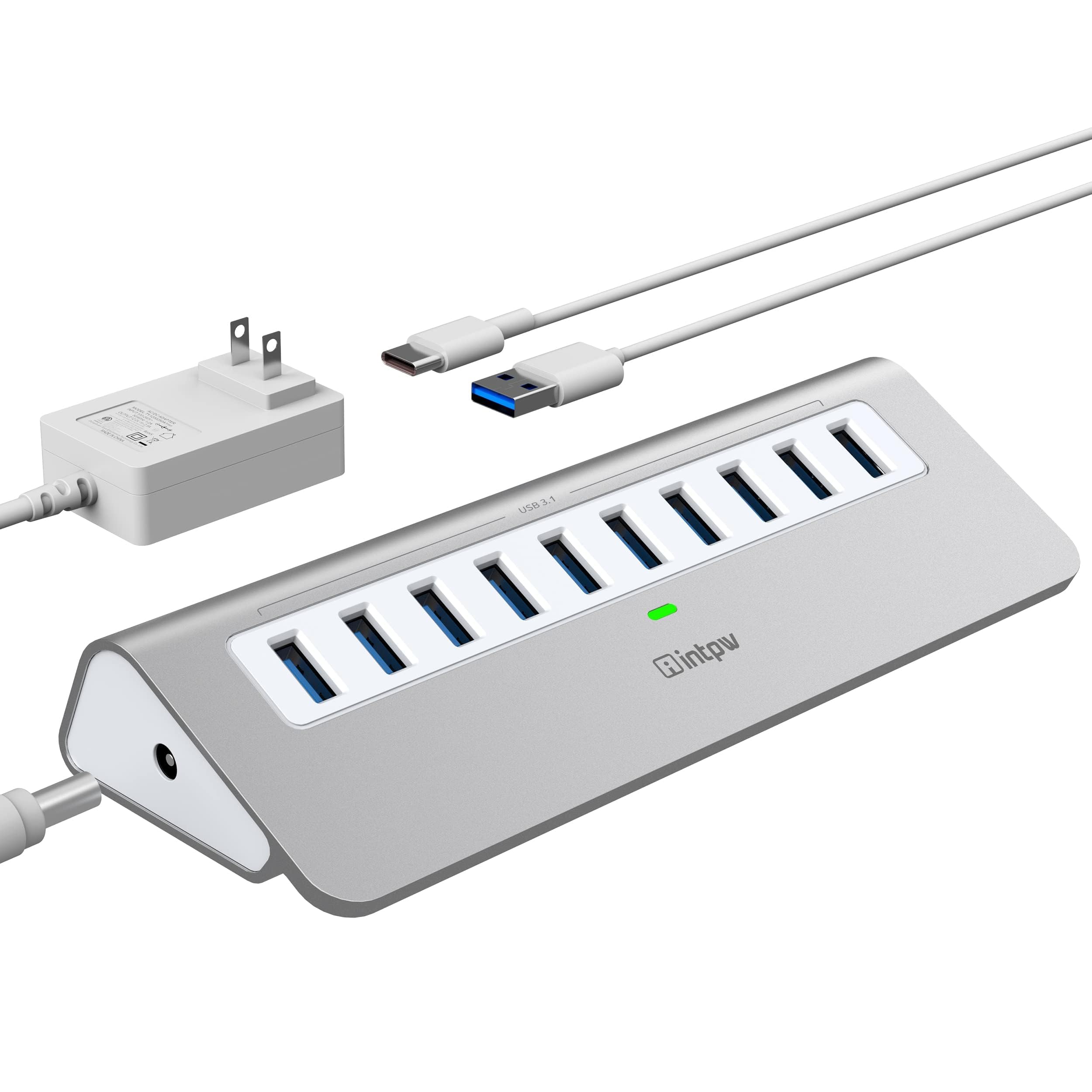 Powered USB Hub, intpw 10 Port USB 3.1 Hub with 10Gbps Data Transfer, 36W(12V/3A) Power Adapter, USB Type A and Type C Cable, Al