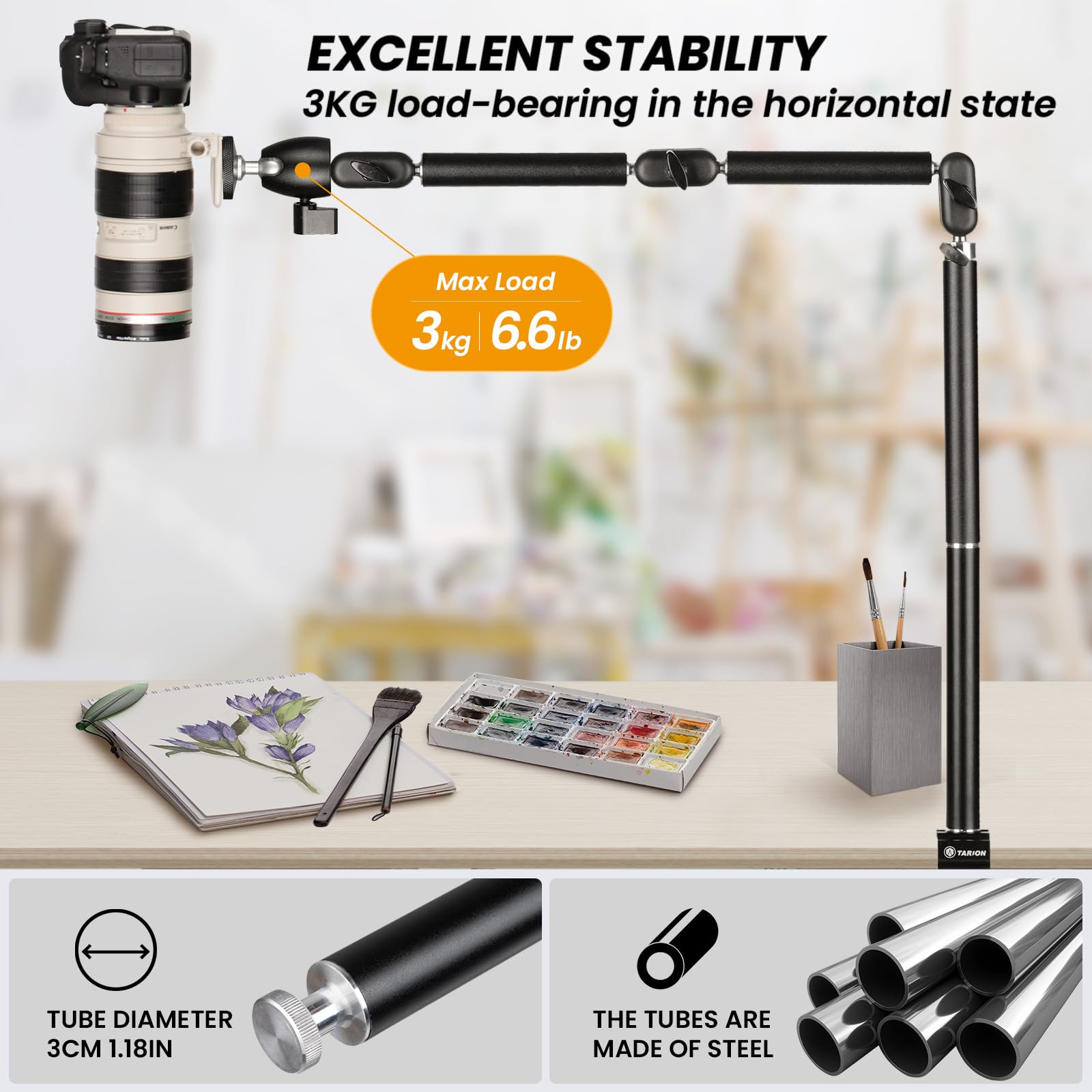 Tarion Desk Camera Mount Stand Heavy Duty Articulated Camera Arm Articulating Table Mount Camera Stand Adjustable Flexible Gear Joints Tka01 L