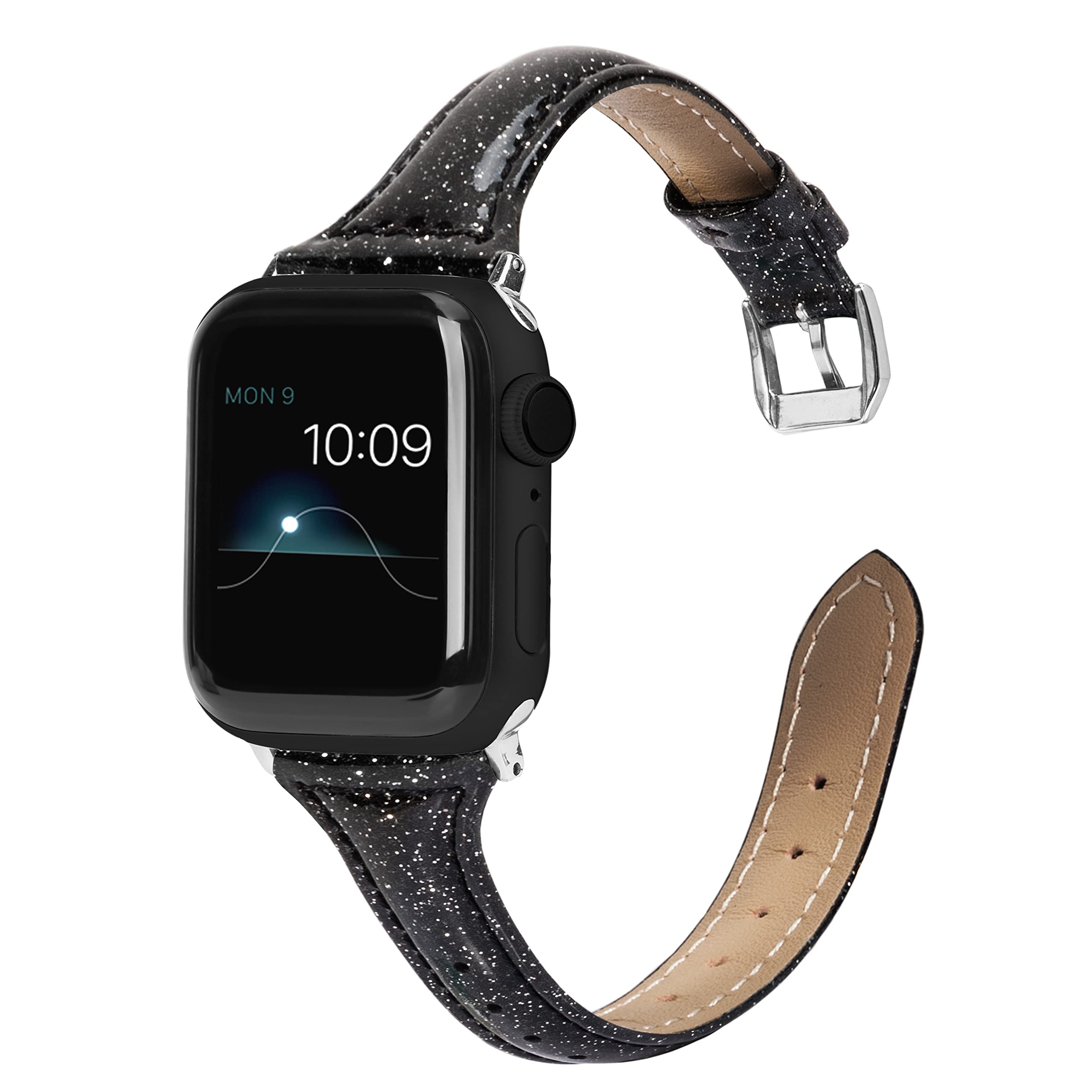 Wearlizer Black Thin Glitter Leather Compatible With Apple Watch Bands 38Mm 40Mm 41Mm Womens For Iwatch Se Slim Wristband Gliste
