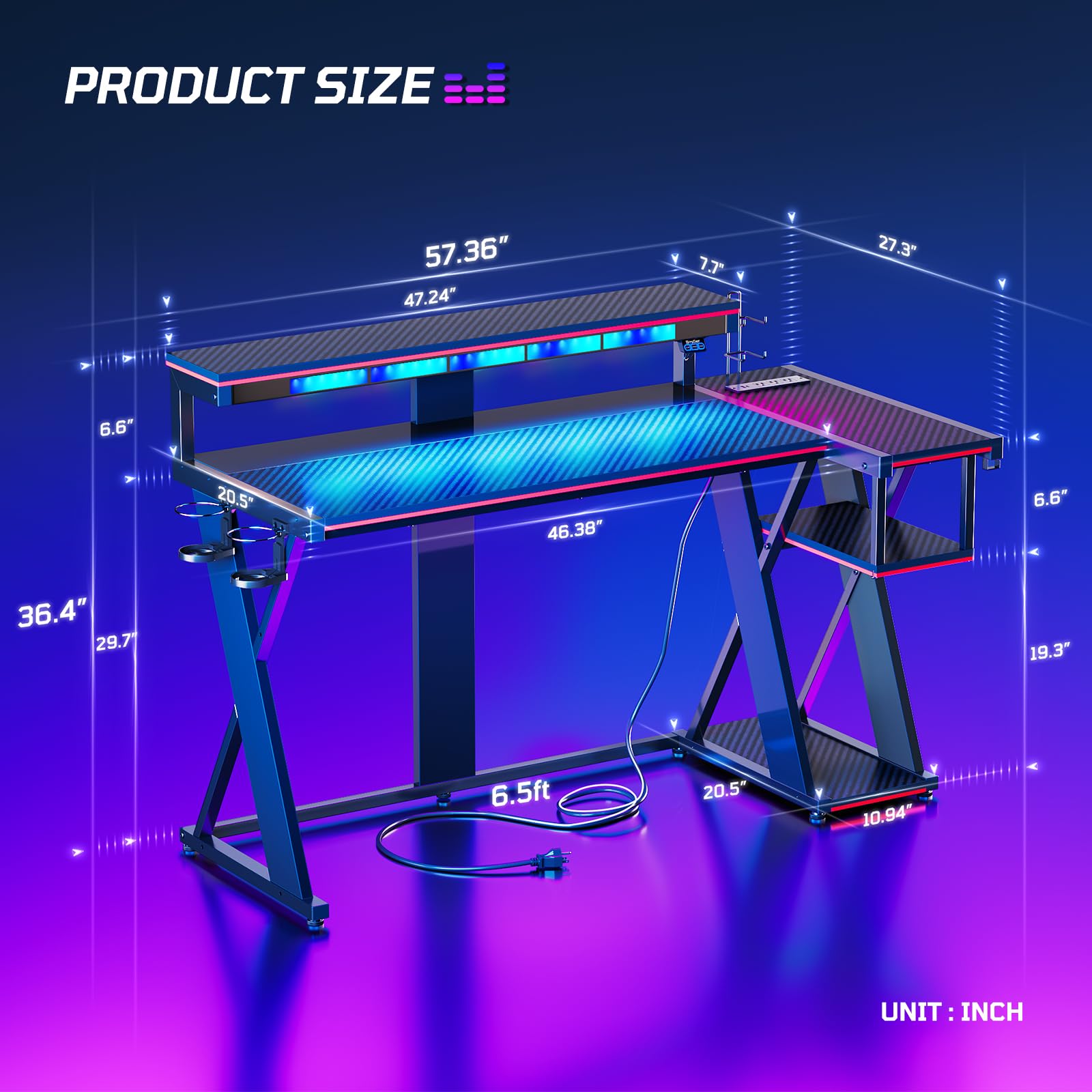 Bestier Music Studio Desk With Music Sync Light, Flow Vibe Music Production Desk With Monitor Stand And Storage Shelves, Cup Hol