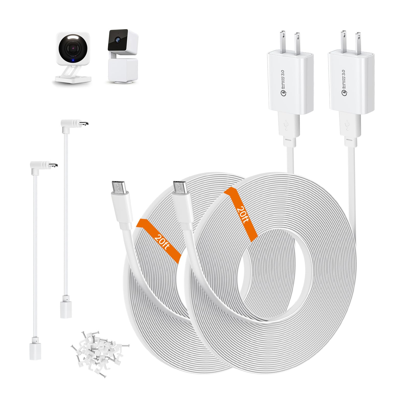 2Pack 30ft Power Cable for Wyze Cam v4, Pan v3, OG, v3 Pro Cameras, White
