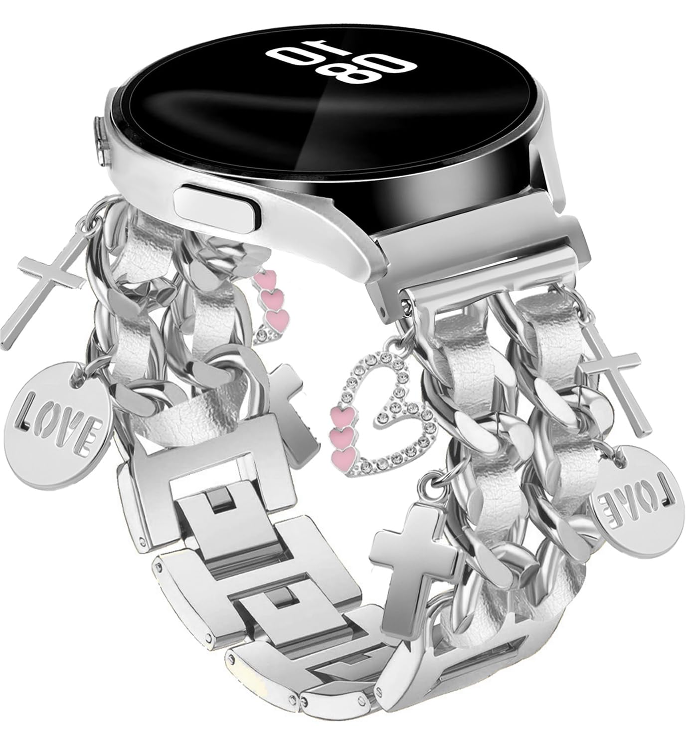 Silver Bracelet Band with Cute Charm Compatible for Samsung Galaxy Watch 7 6 5 4 FE 40mm 44mm/5 Pro 45mm/6 Classic 43mm 47mm/4 C