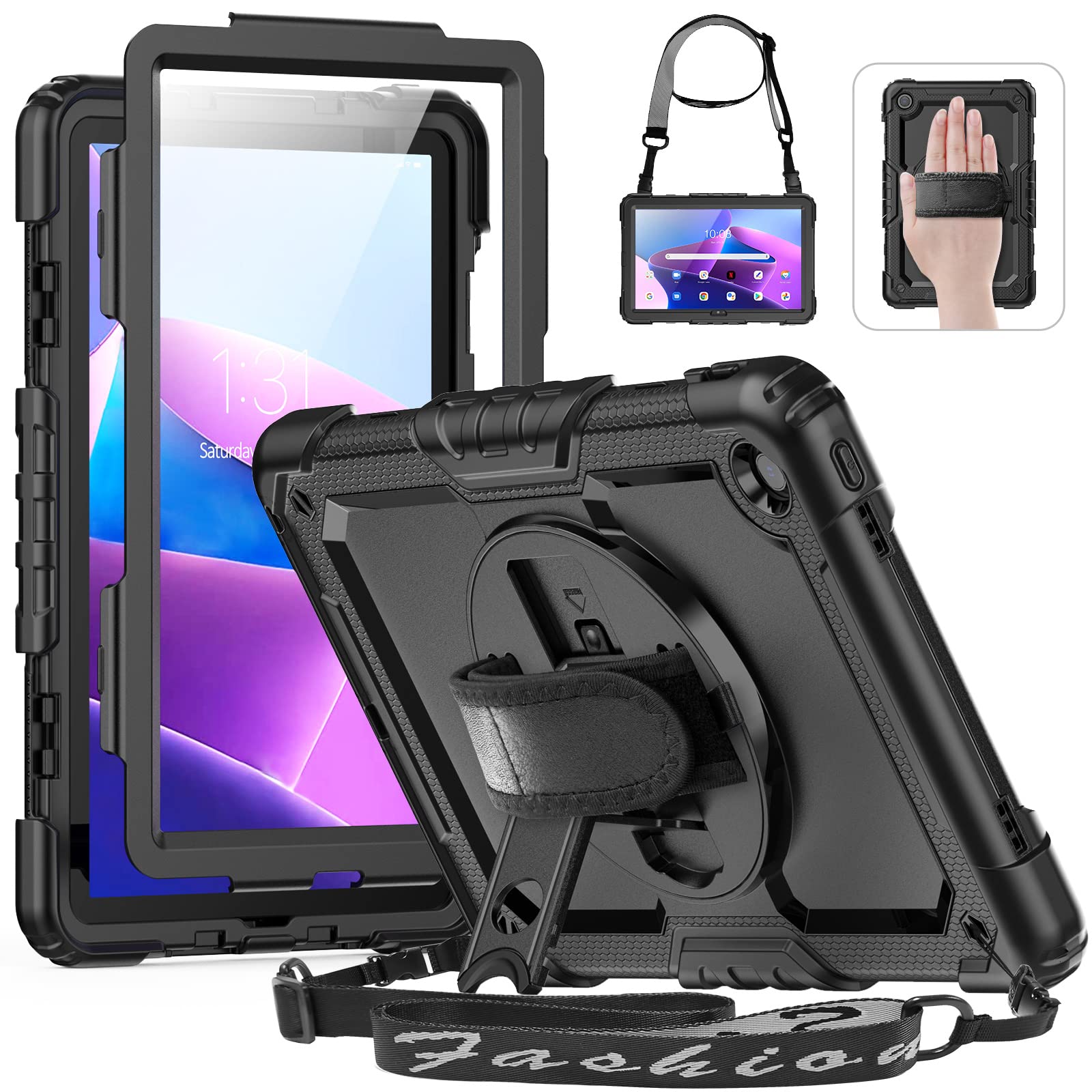 Hxcaseac For Lenovo Tab M10 Plus 3Rd Gen Case 10.6 Inch With Screen Protector / 360 Rotating Hand Strap/Stand, 3 Layer Protectiv