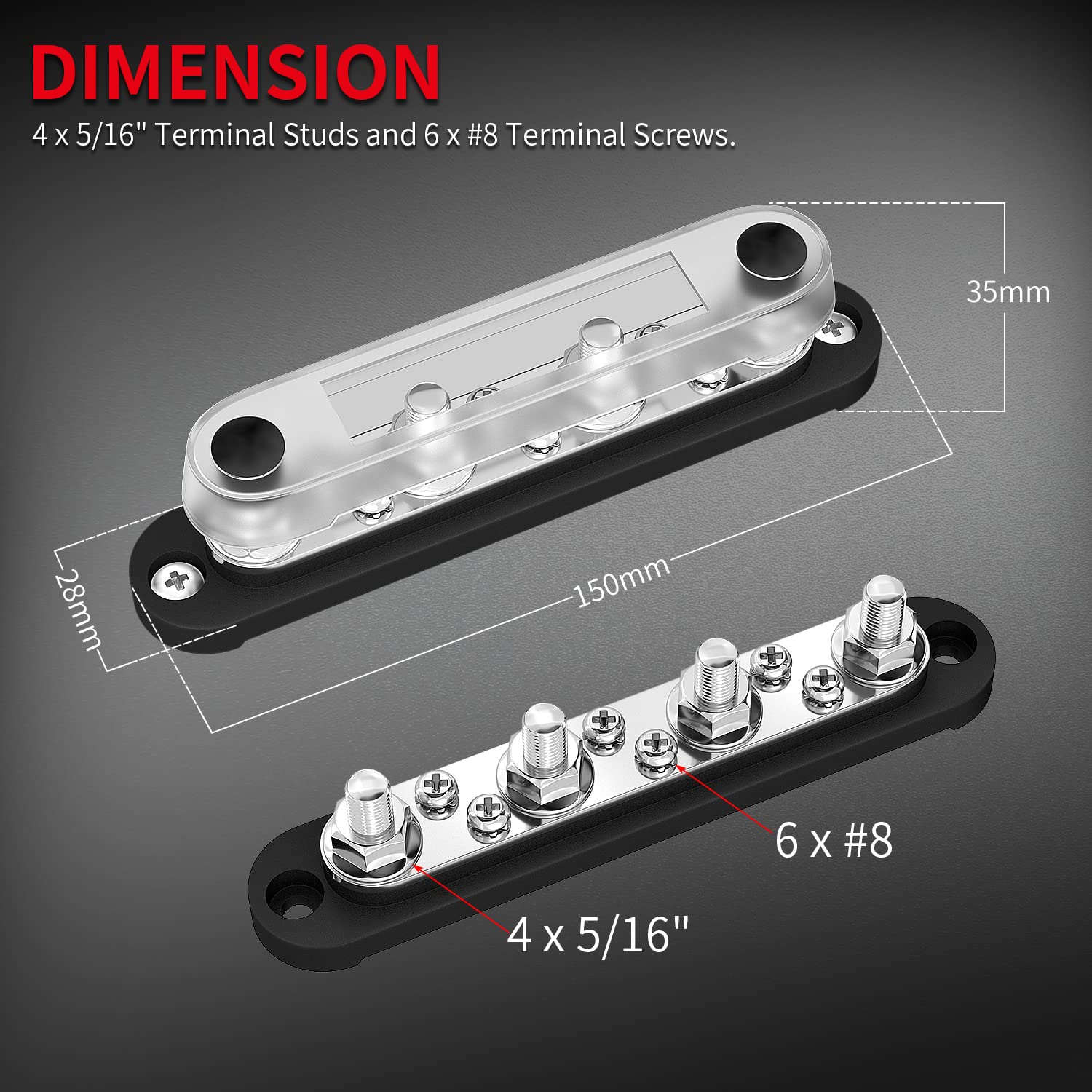 Daiertek Bus Bar Terminal Block 4 X 5/16'' (M8) Terminal Stud, 6 X #8 (M4) Screw Terminal Positive & Ground Power Distribution B