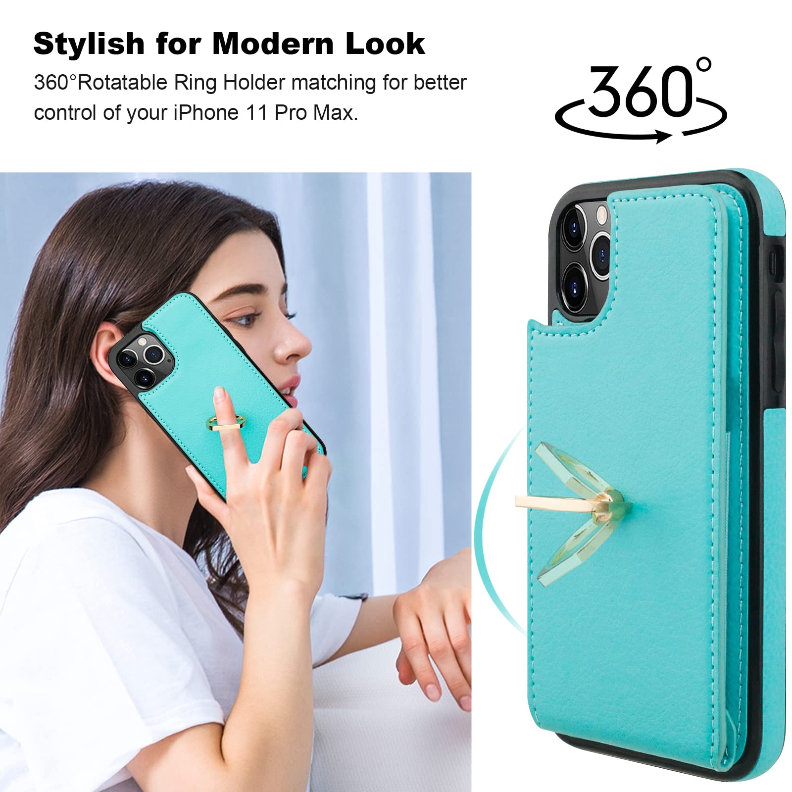 Folosu Compatible With Iphone 11 Pro Max Case Wallet With Card Holder, 360   Rotation Finger Ring Holder Kickstand Protective Rf