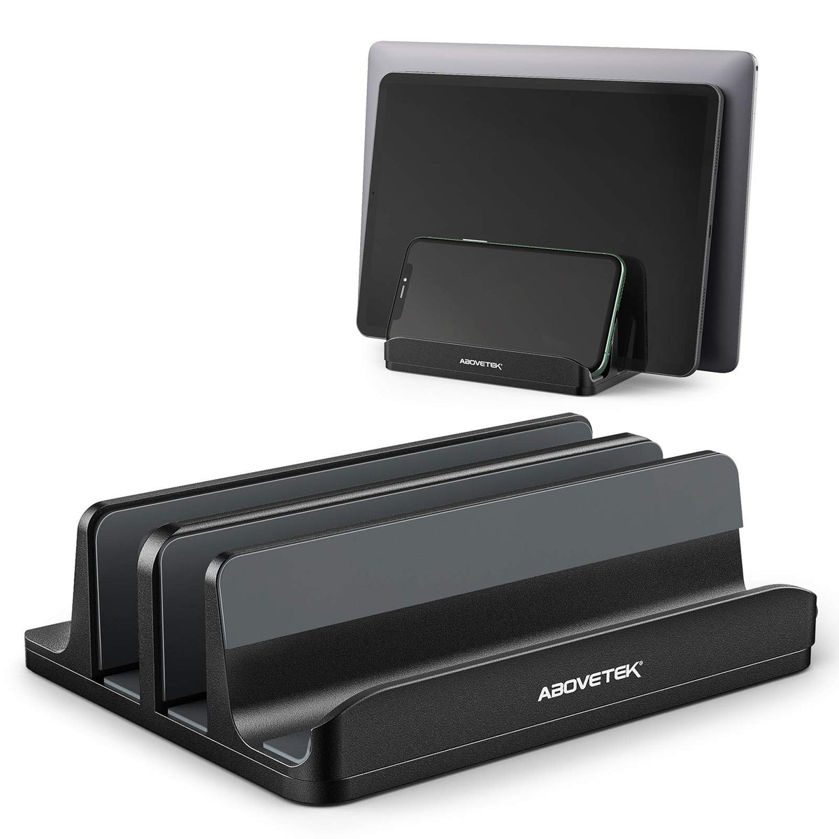 Abovetek Vertical Laptop Stand Holder, 3 Slots Aluminum Desk Stand With Adjustable Dock Size For Tablet, Macbook, Phone   Univer