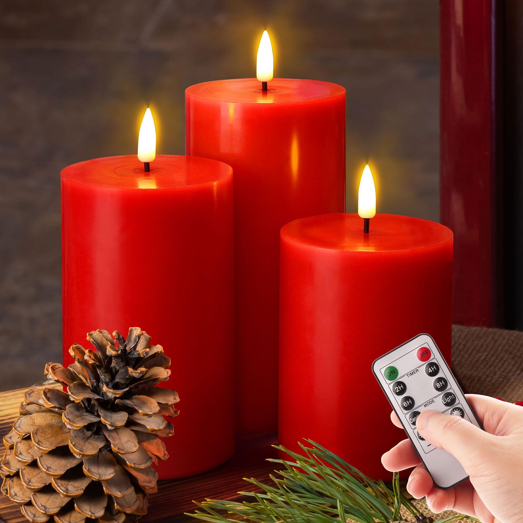 Red Flameless Pillar Candles With Remote, Christmas Led Candles Set Of 3, Flickering Wax Battery Electric Candles Decor