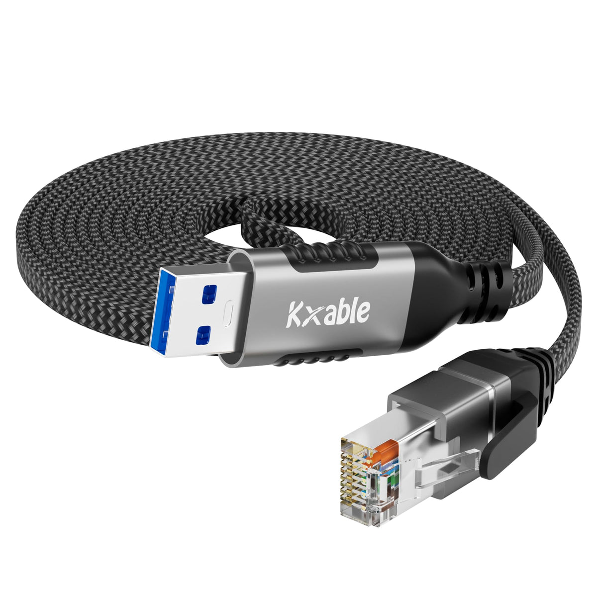 Flat Usb To Ethernet Cable 15 Ft, Usb 3.0 A To Rj45 Thin Cord, Directly Connected, Aluminum, Braided, Ofc, Usb To Rj45 Gigabit L