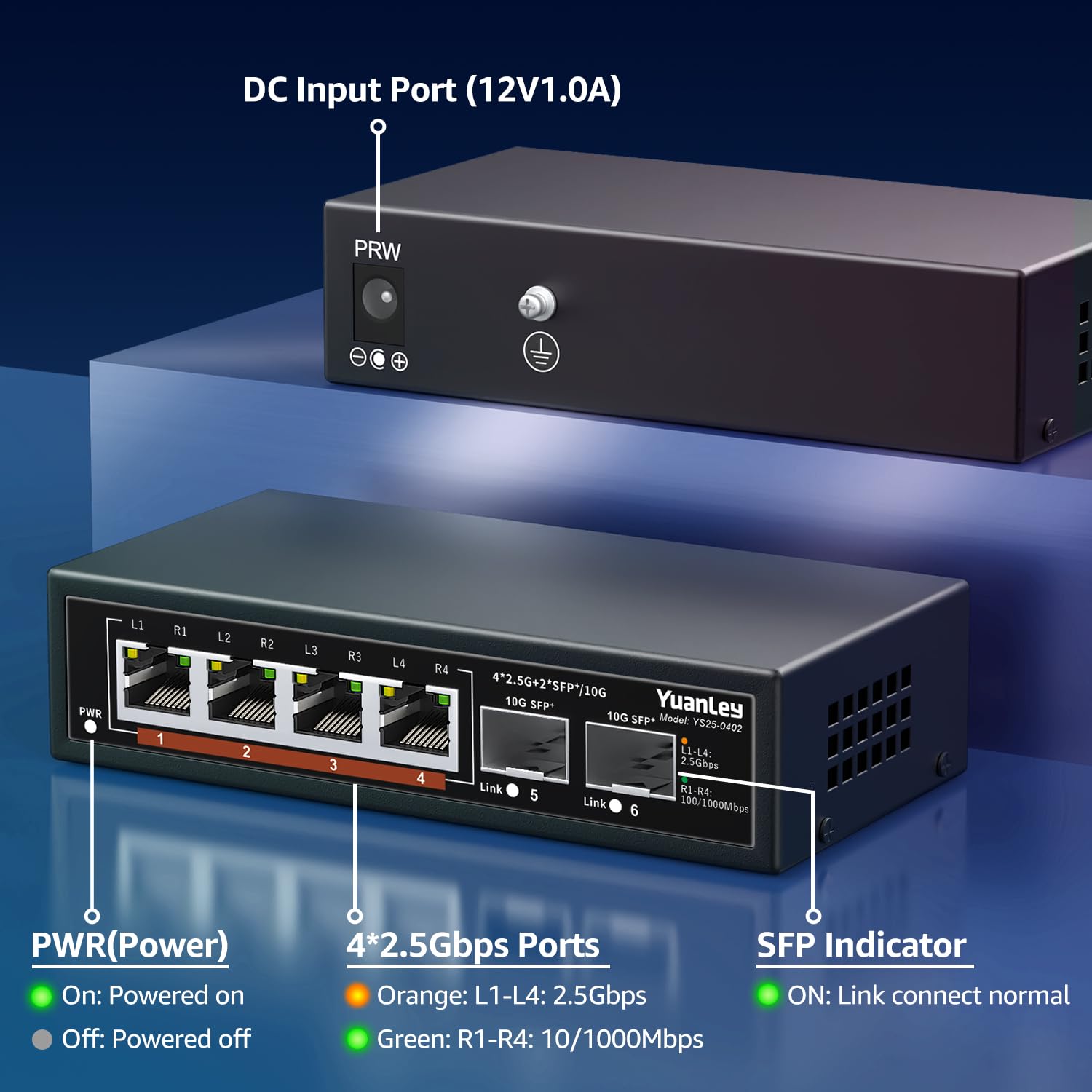 6 Port 2.5G Umanaged Ethernet Switch, 4 X 2.5G Base T Ports, 2 X 10G Sfp, Compatible With 100/1000/2500Mbps, Metal Fanless, Desk