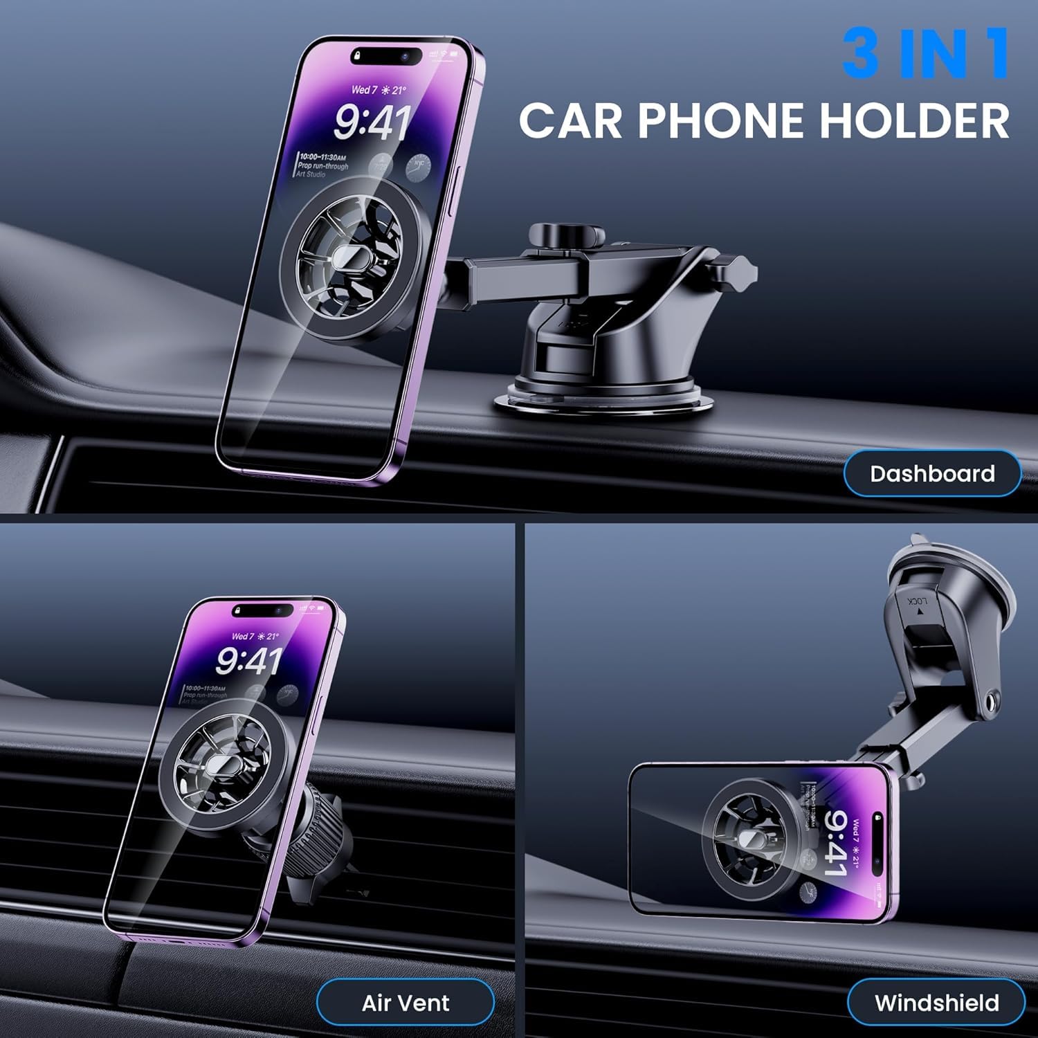 For Magsafe Car Mount, [Strong Magnets] 3 In 1 Universal Magnetic Phone Holder For Car Dashboard/Windshield/Vent Car Phone Holde