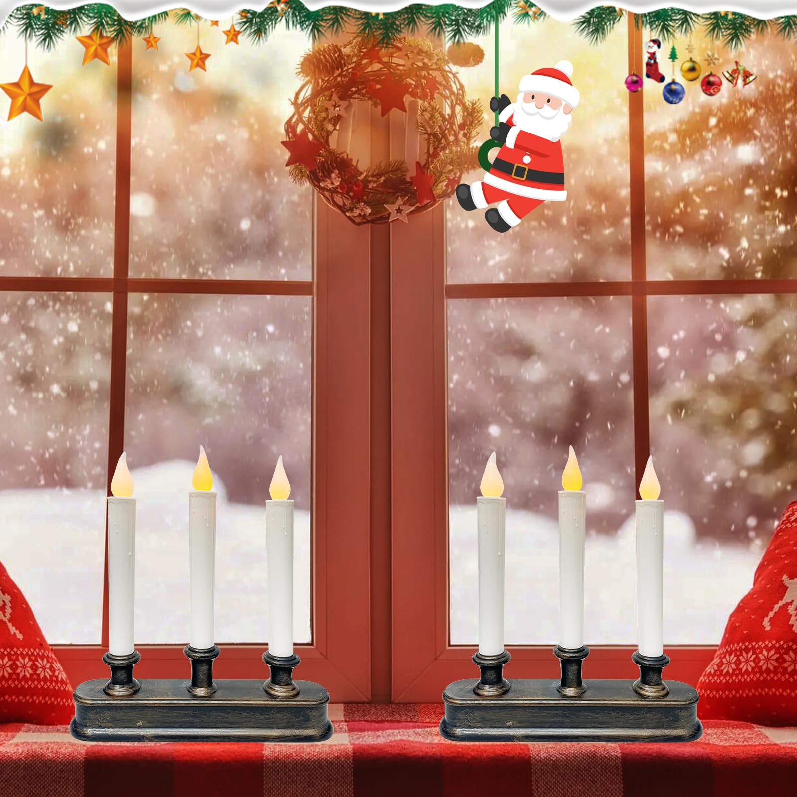 Battery Operated Led Window Candles With Sensor Dusk To Dawn, 3 Lights Christmas Window Candles With Flickering Flameless Led Li