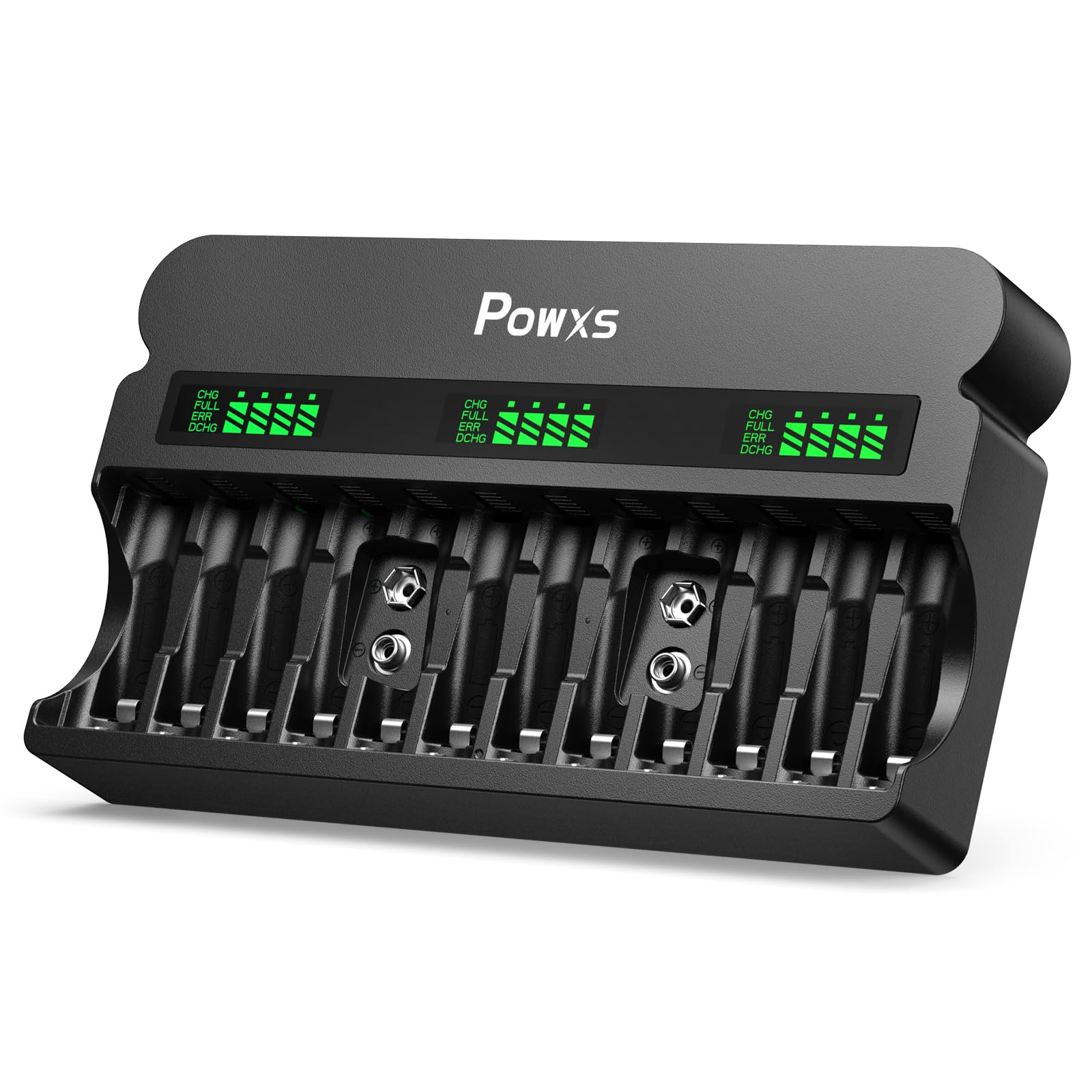 Powxs Rechargeable Aa Aaa 9V Battery Charger With 1800Ma High Speed, 12 Bay Independent Battery Charger For 1.2V Ni Mh Ni Cd Aa