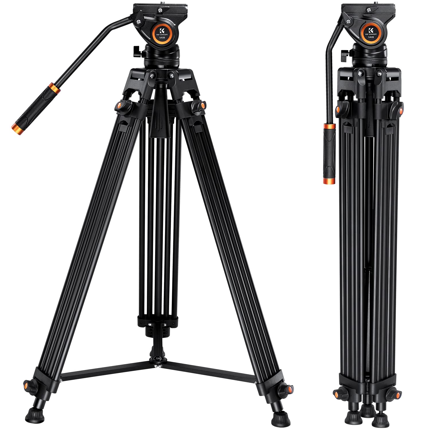 K&F Concept 72 Inch Professional Video Tripod, Heavy Duty Aluminum Tube Tripod With Fluid Head Max Loading Capacity 8Kg/17.6Lbs For Dslr Camcorders Camera Va18+ Vh081