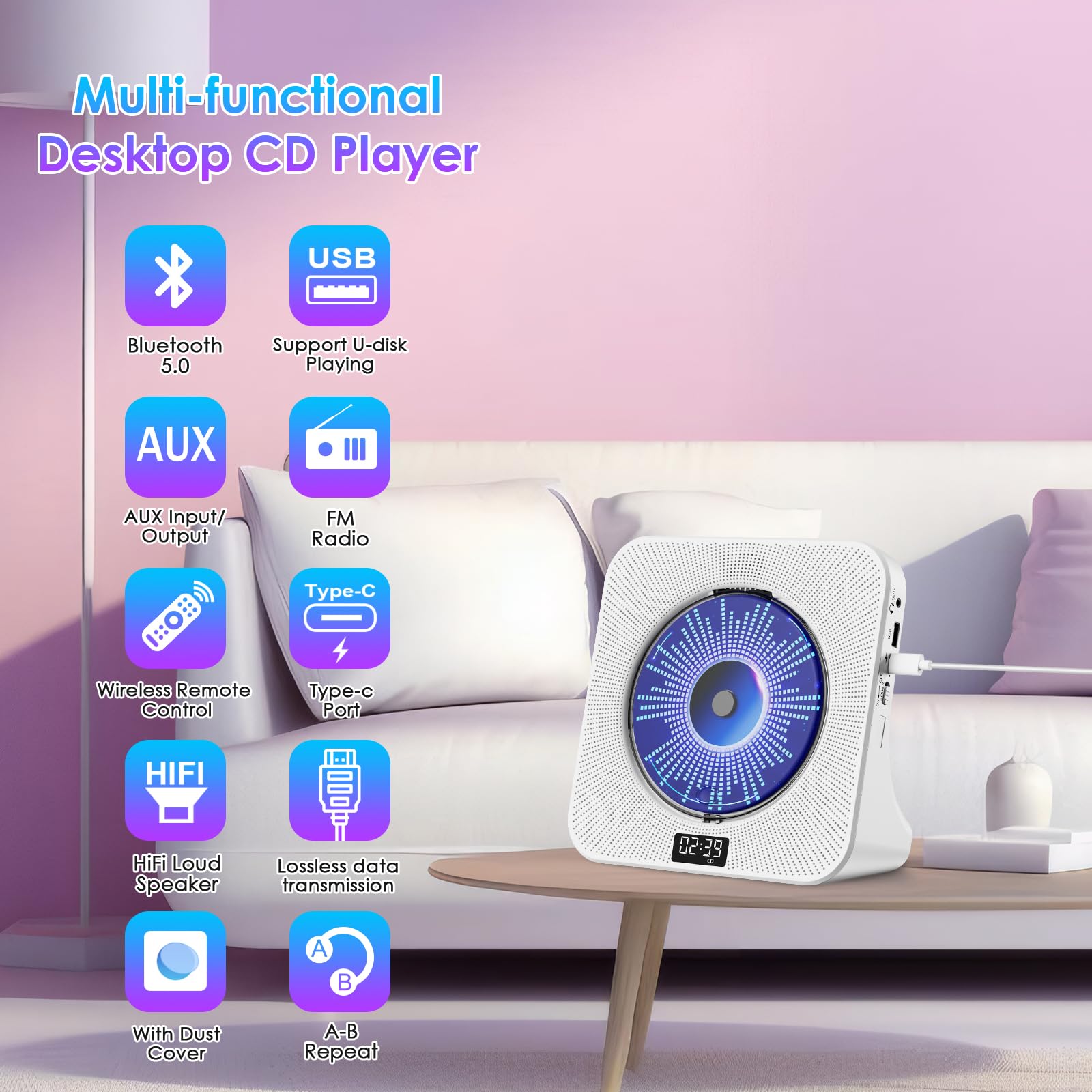 Gueray Cd Player Bluetooth Cd Players For Home Desktop With Dual Bluetooth & Large Lcd Screen Display Front Cd Player With Speak