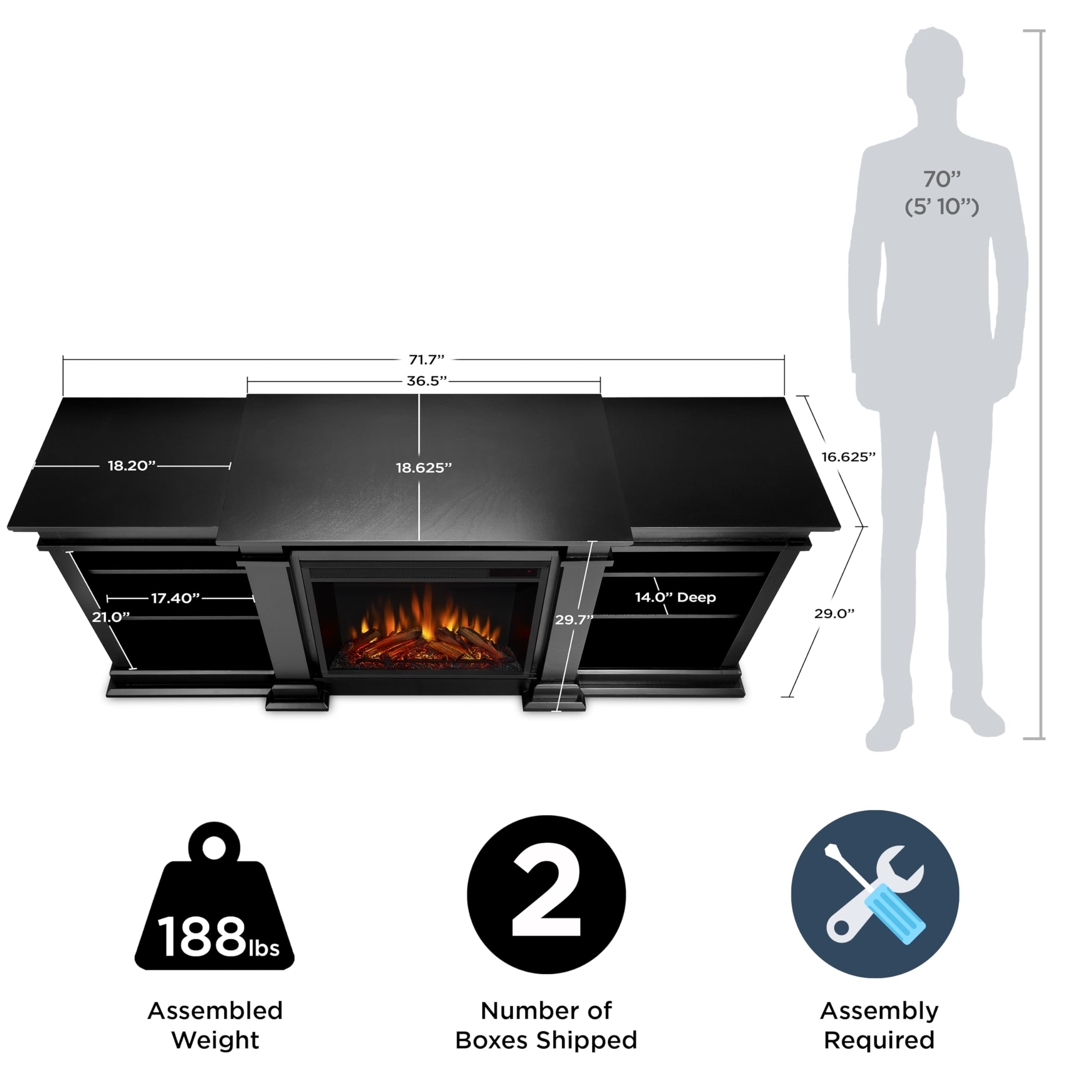 Real Flame Fresno 72'' Tv Stand With Electric Fireplace In Black, Entertainment Center With Electric Fireplace, Living Room Tv S