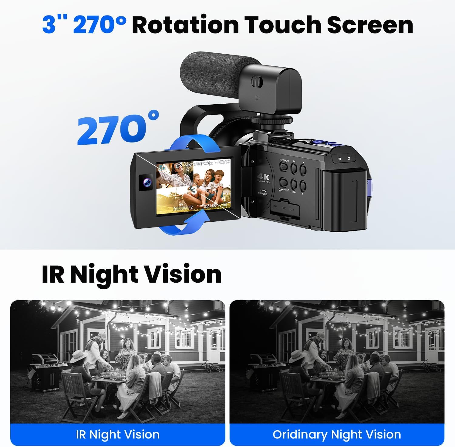 Video Camera Camcorder, 4K 56Mp Dual Lens Wifi 3'' 270 Rotatable 16X Digital Zoom Touch Screen Vlogging Camera Youtube Podcast C