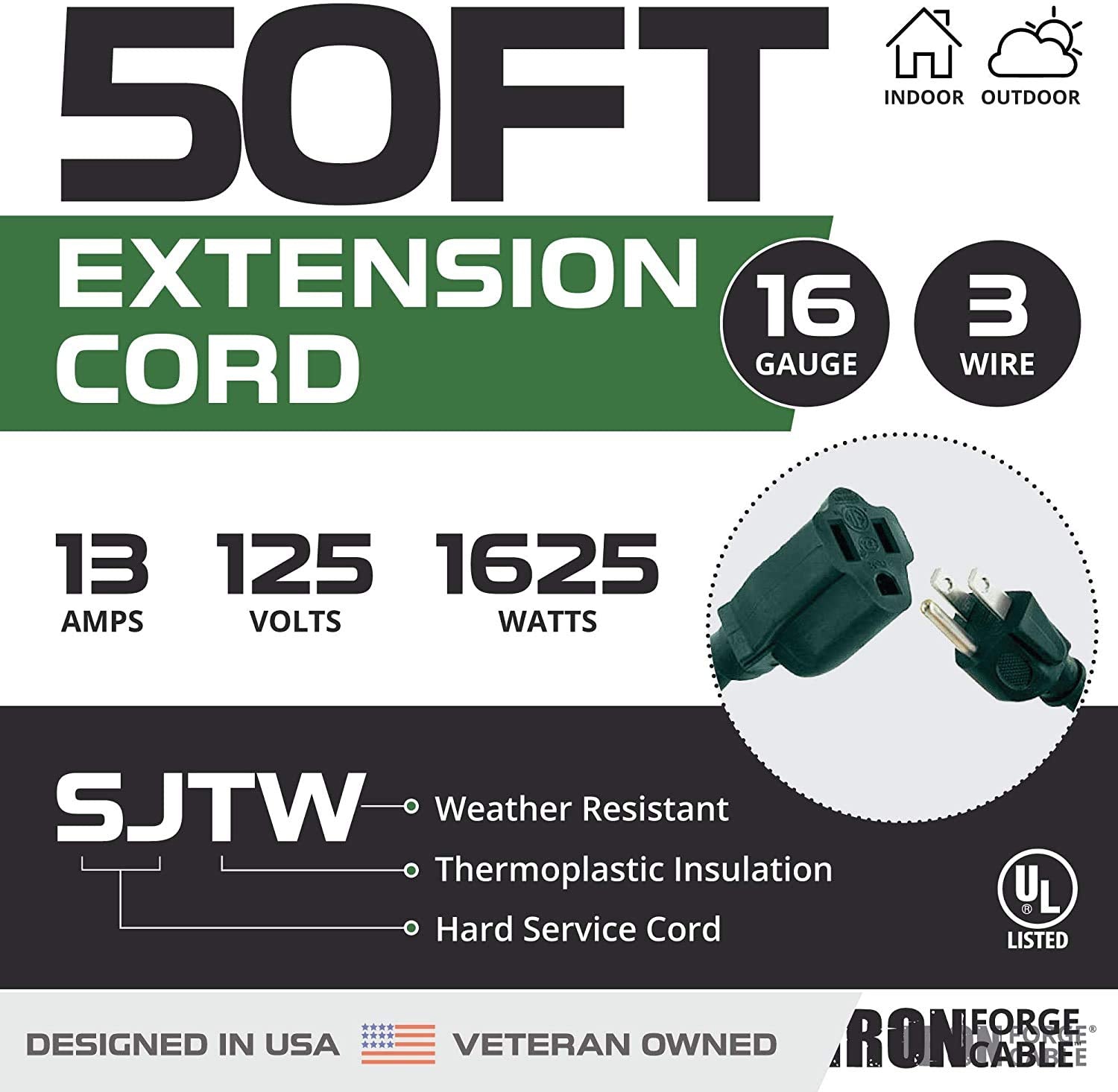 Iron Forge Cable Weatherproof Outdoor Extension Cord 50 Ft, 2 Pack, 16/3 Sjtw Heavy Duty Green Extension Cord 3 Prong, 13 Amp We