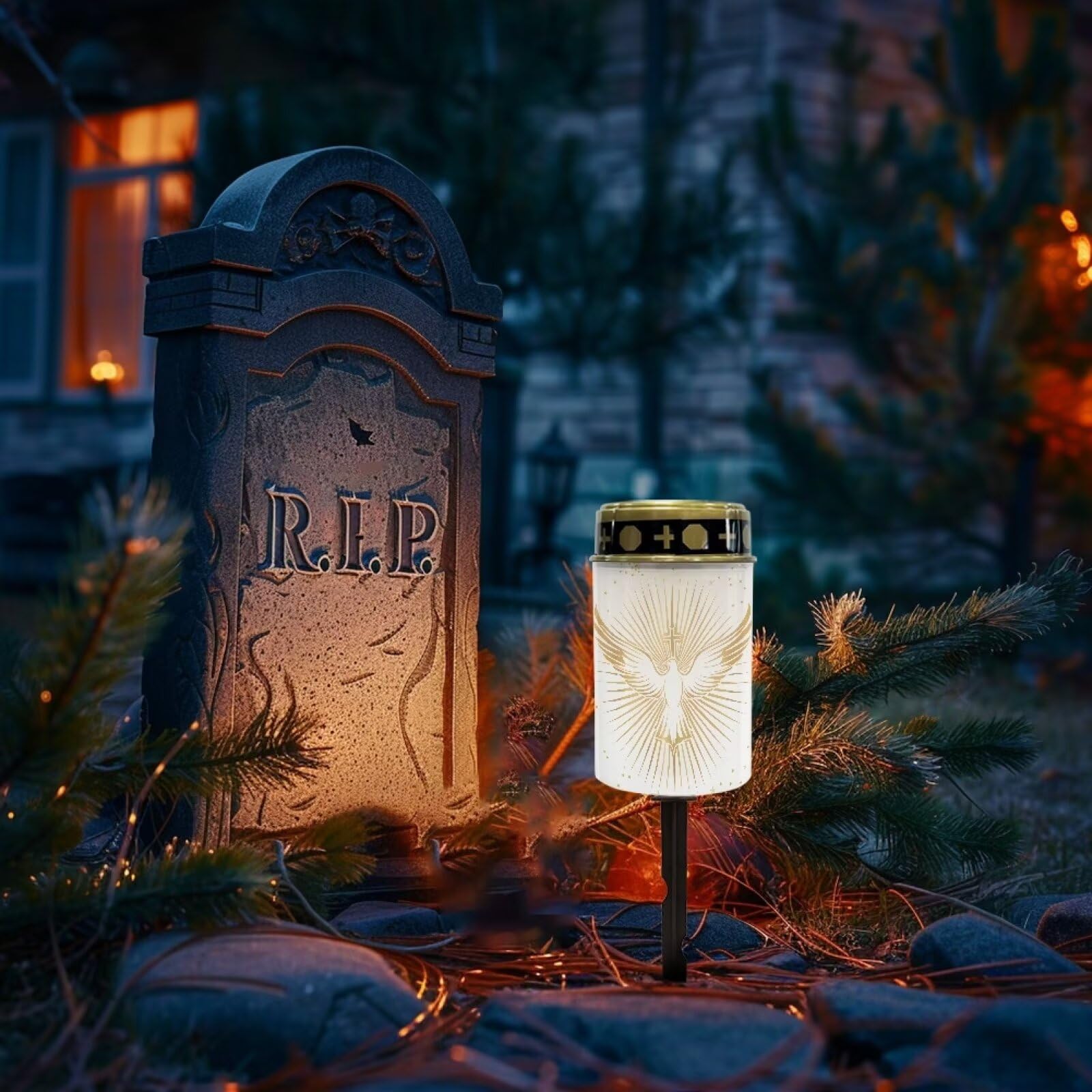 Uorisanigo Golden Peace Dove Cross Solar Grave Lights For Cemetery Flameless Solar Powered Light For Prayer Waterproof Cemetery