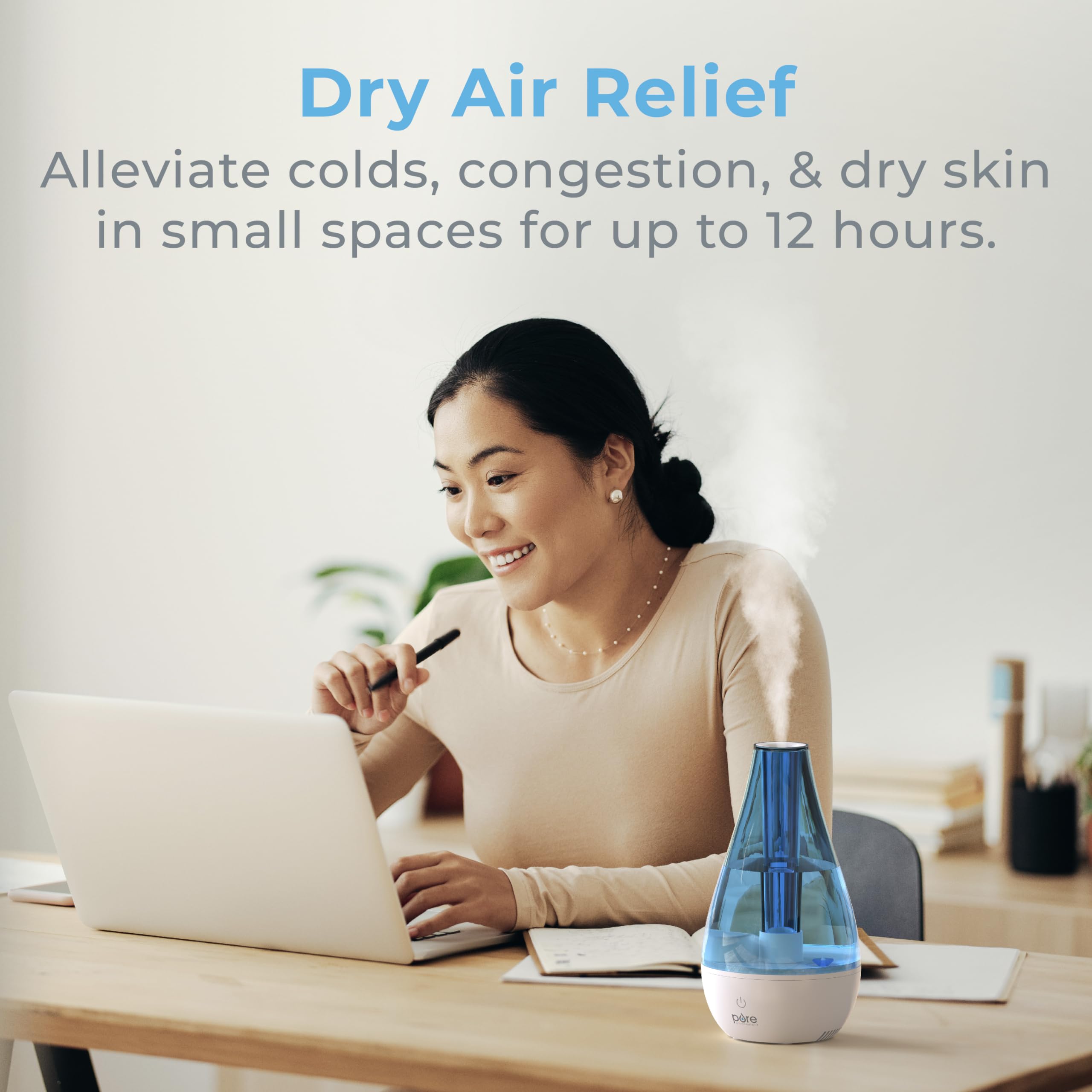 Pure Enrichment Mistaire Studio Ultrasonic Cool Mist Humidifier   Small & Compact, Overnight Operation, 2 Mist Settings, Optiona