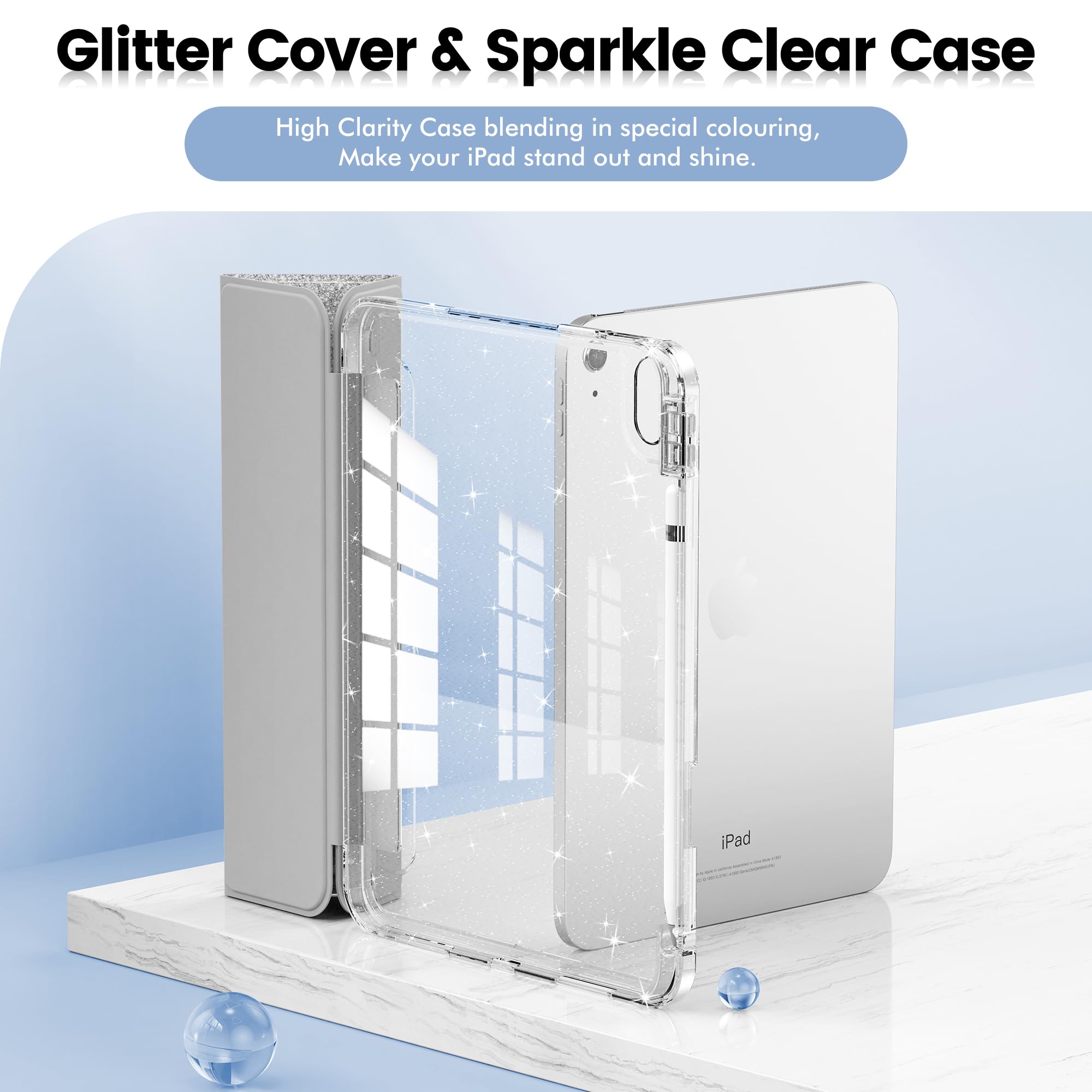 Infiland Compatible With Ipad 10Th Generation Case, Ipad Case 10Th Generation 10.9 Inch, Glitter Leather Cover With Sparkly Crystal Clear Back, Pencil Holder, Anti Yellowing, Silver