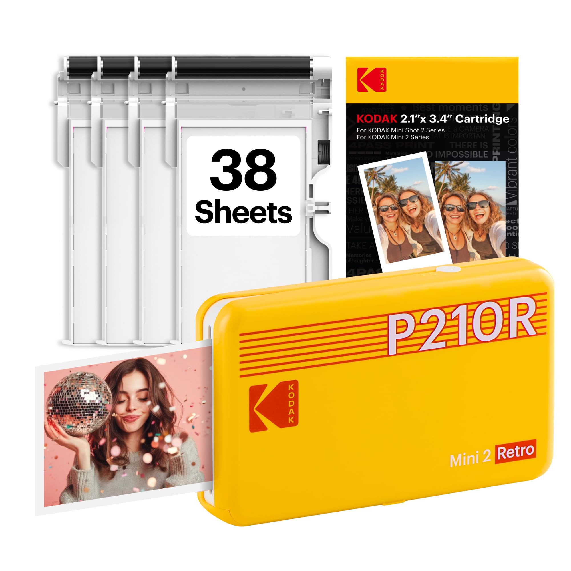 KODAK Mini 2 Retro 4PASS Portable Photo Printer 2.1x3.4 inches + 8 Sheets, Yellow