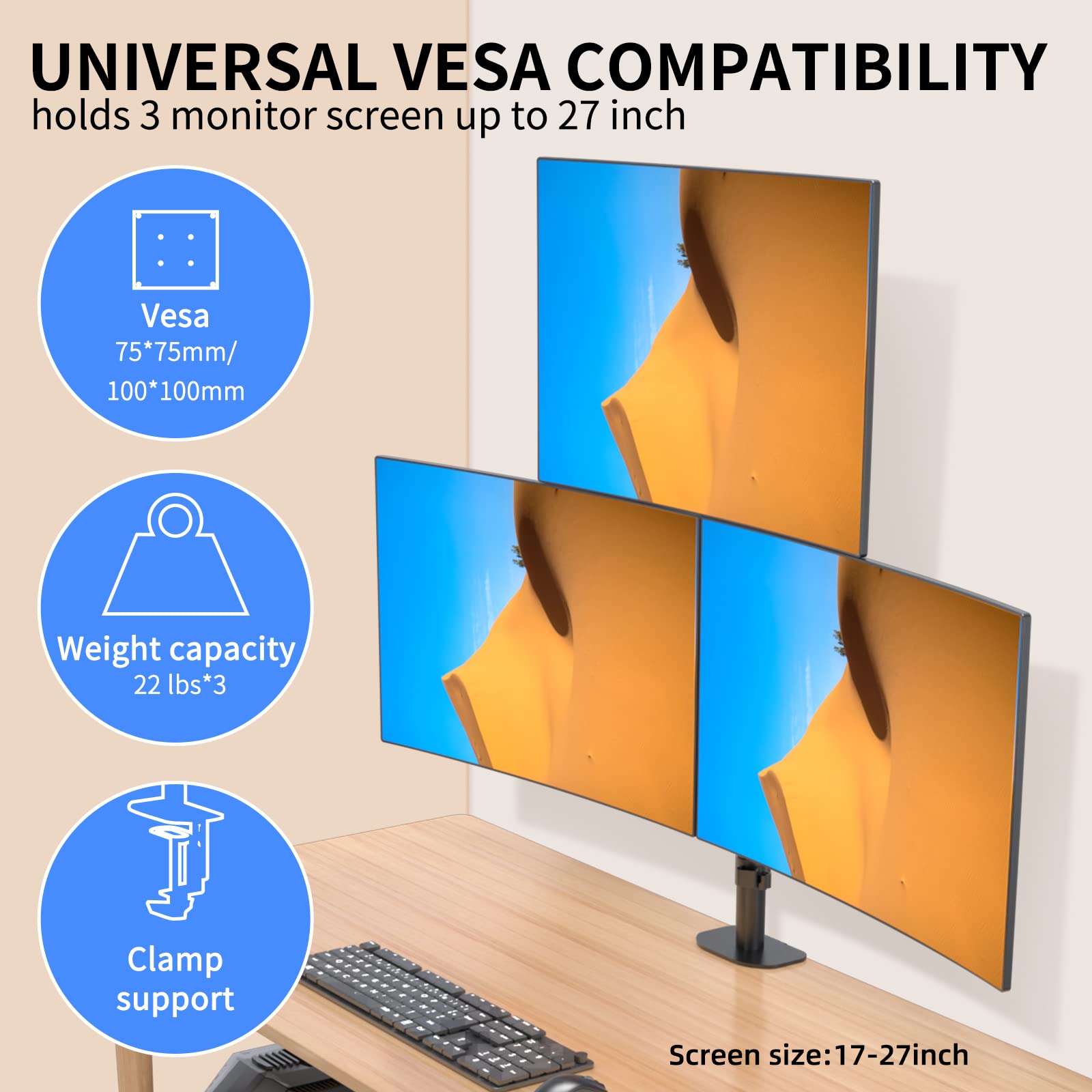 Pholiten Triple Monitor Stand,13 To 27 Inch Lcd Monitor Desk Mount,Extra Tall 31.5 Inch Pole Heavy Duty Fully Adjustable Stand M