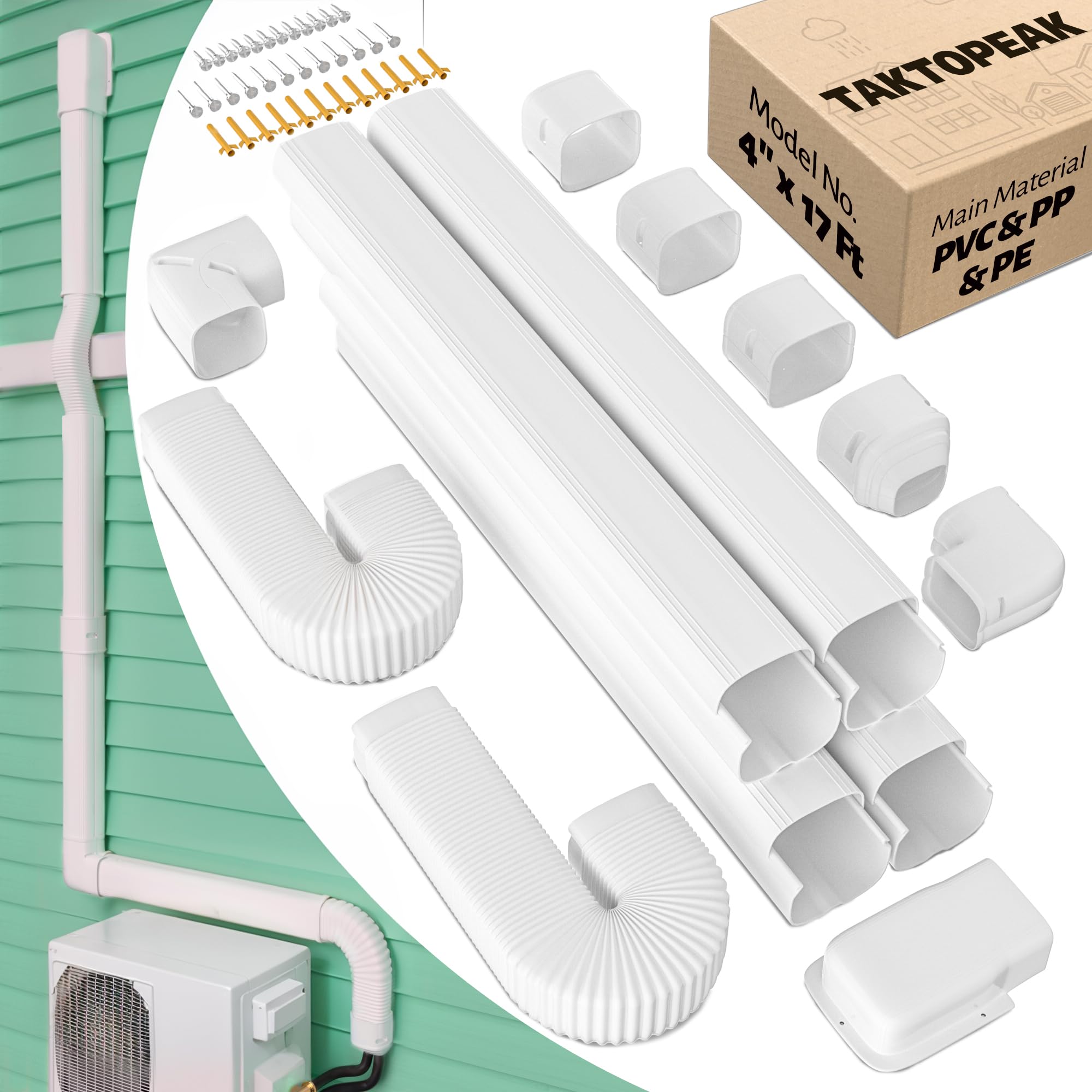 Taktopeak 4'' 17 Ft Mini Split Line Set Covers, Line Hide Cover Kit For Mini Split Air Conditioners And Central Ac