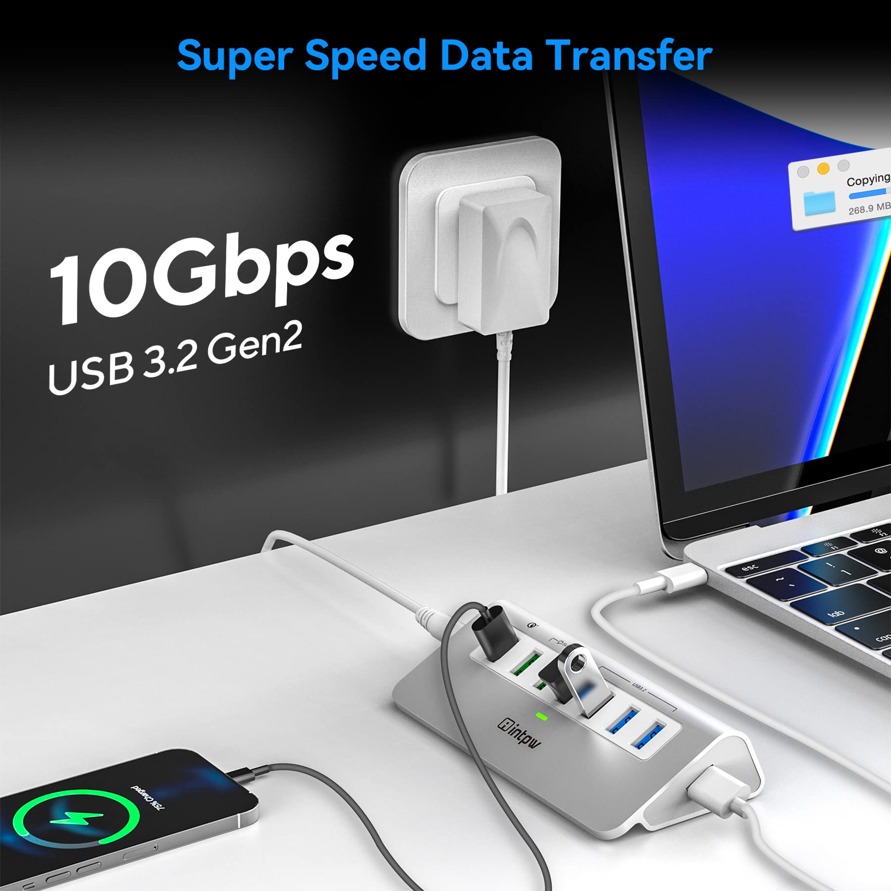 Powered Usb 3.2 Hub 10Gbps,7 Port Usb Data Hub Usb Splitter With 4 Usb 3.2 Gen2 Data Ports,3 Fast Charging Ports,30W Power Adapt