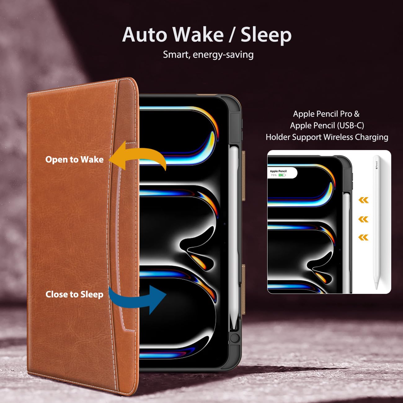 MoKo Case for iPad Pro 11 Inch M4 2024 (5th Generation) with Pencil Holder & Pocket, Built in Hand Strap, Multi Angle Viewing, Premium PU Leather Folio Cover for iPad Pro 11 2024, Brown