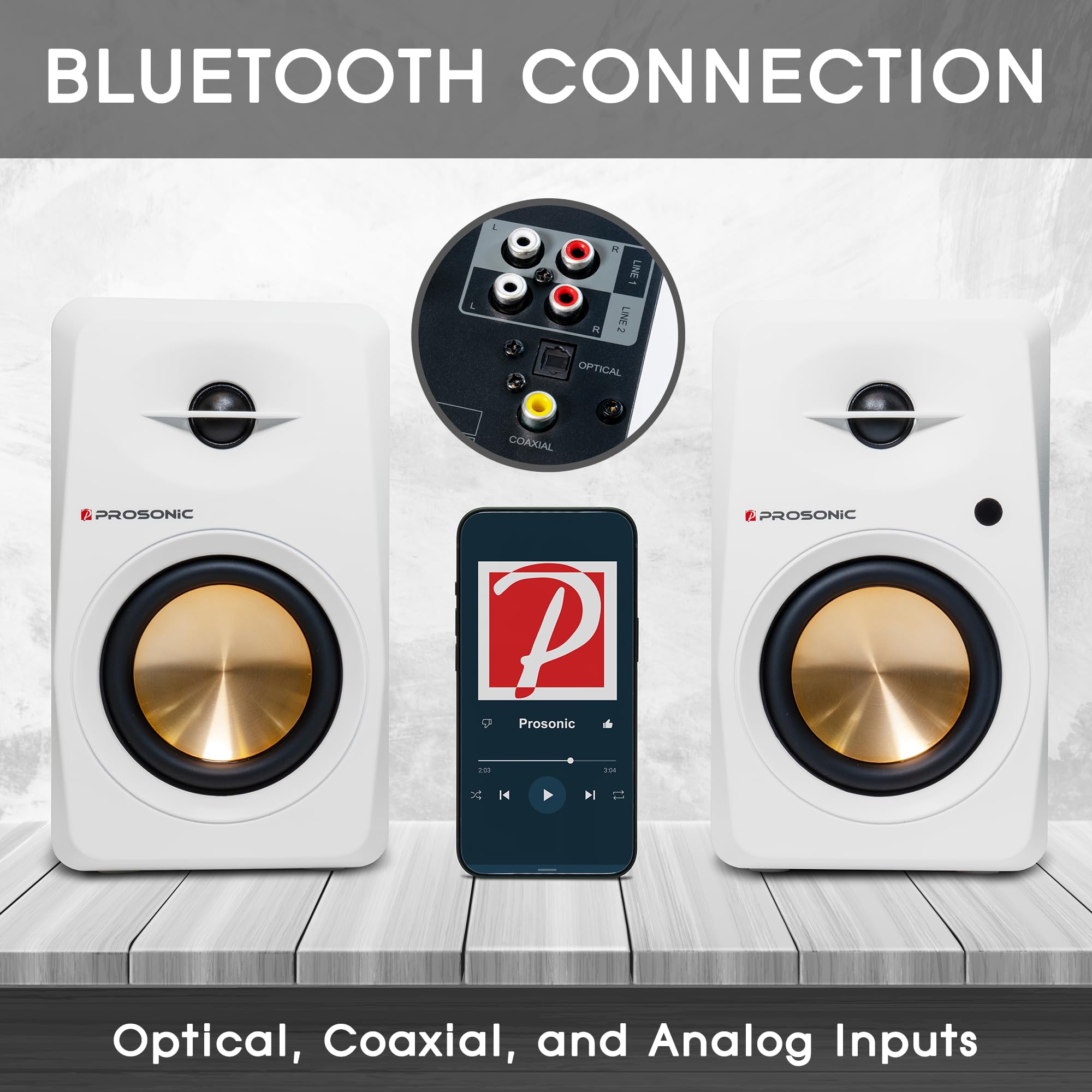 Prosonic Bt30 Active Powered Bluetooth Bookshelf Speakers, Studio Monitor, Home Theater, Turntable, With Optical Input, Coaxial