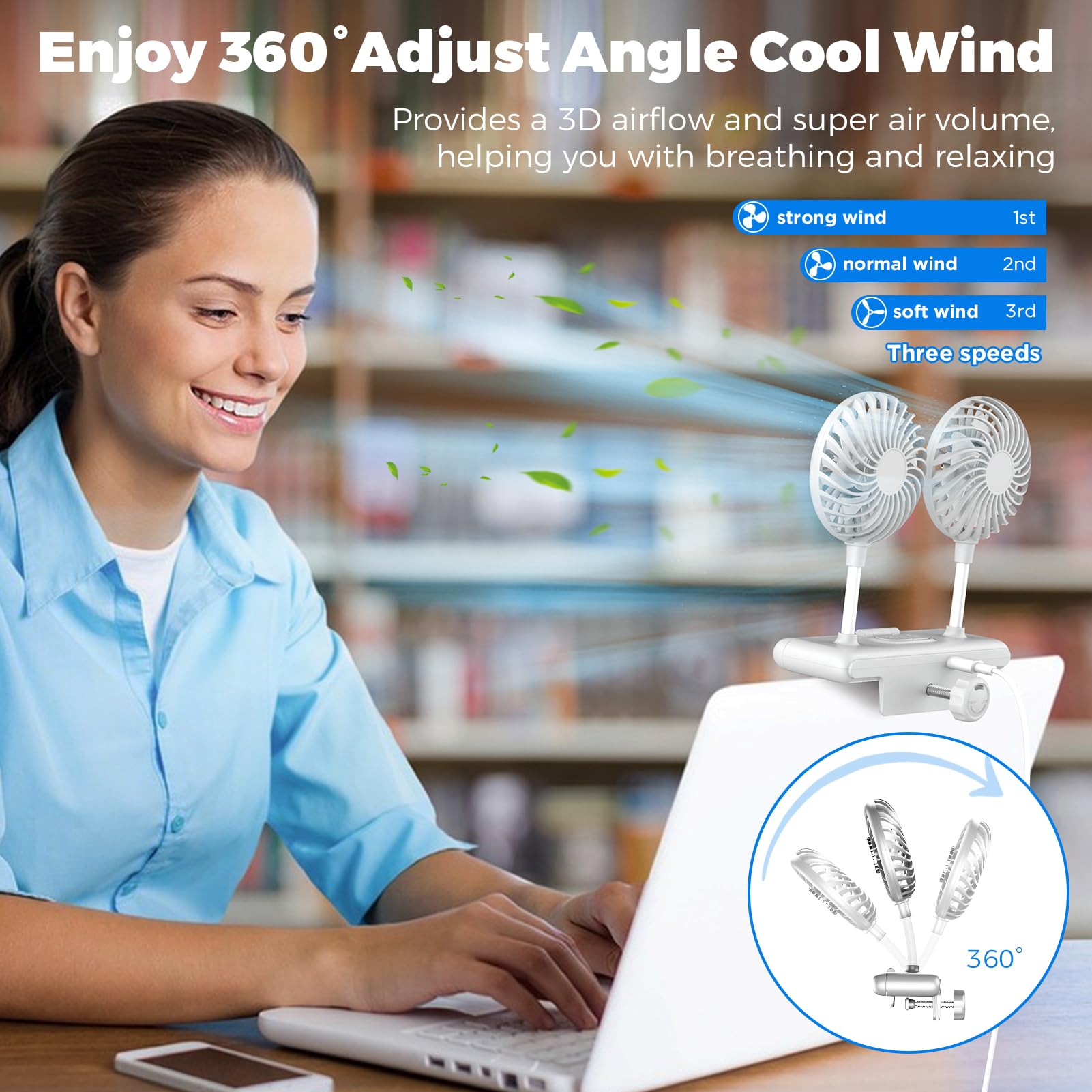 KcoxdCn Two-Head USB Screen Clip-on Fan with Flip-Open LED Light Bar, Quiet, 3 Speeds, ABS, Glacier Silver