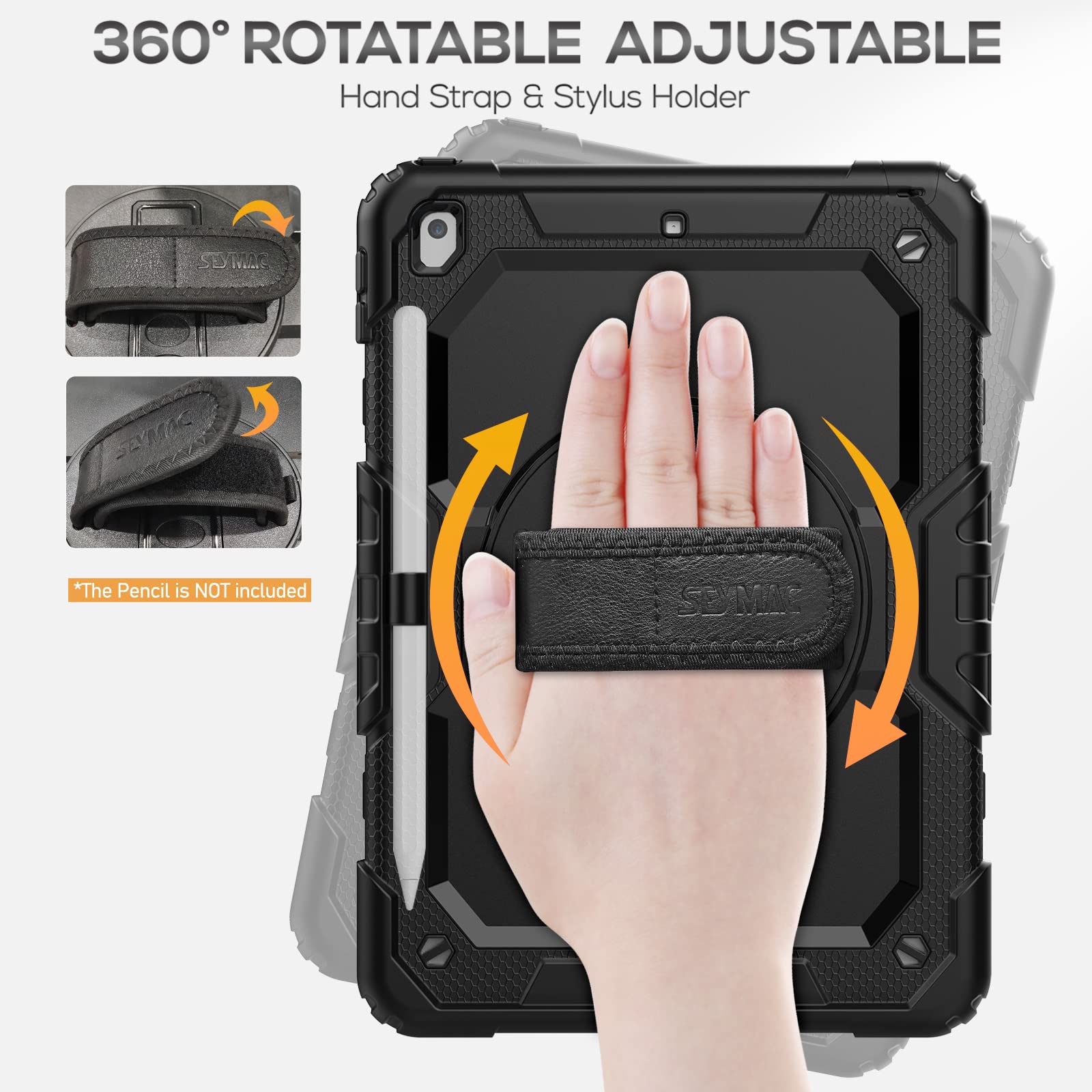 Seymac For Ipad 9Th/8Th/7Th Generation Case 10.2' 2021 2019, Full Body Shockproof Heavy Duty Protective Case With Screen Protector, 360� Rotating Stand/Handle/Shoulder Strap For Ipad 10.2, Black