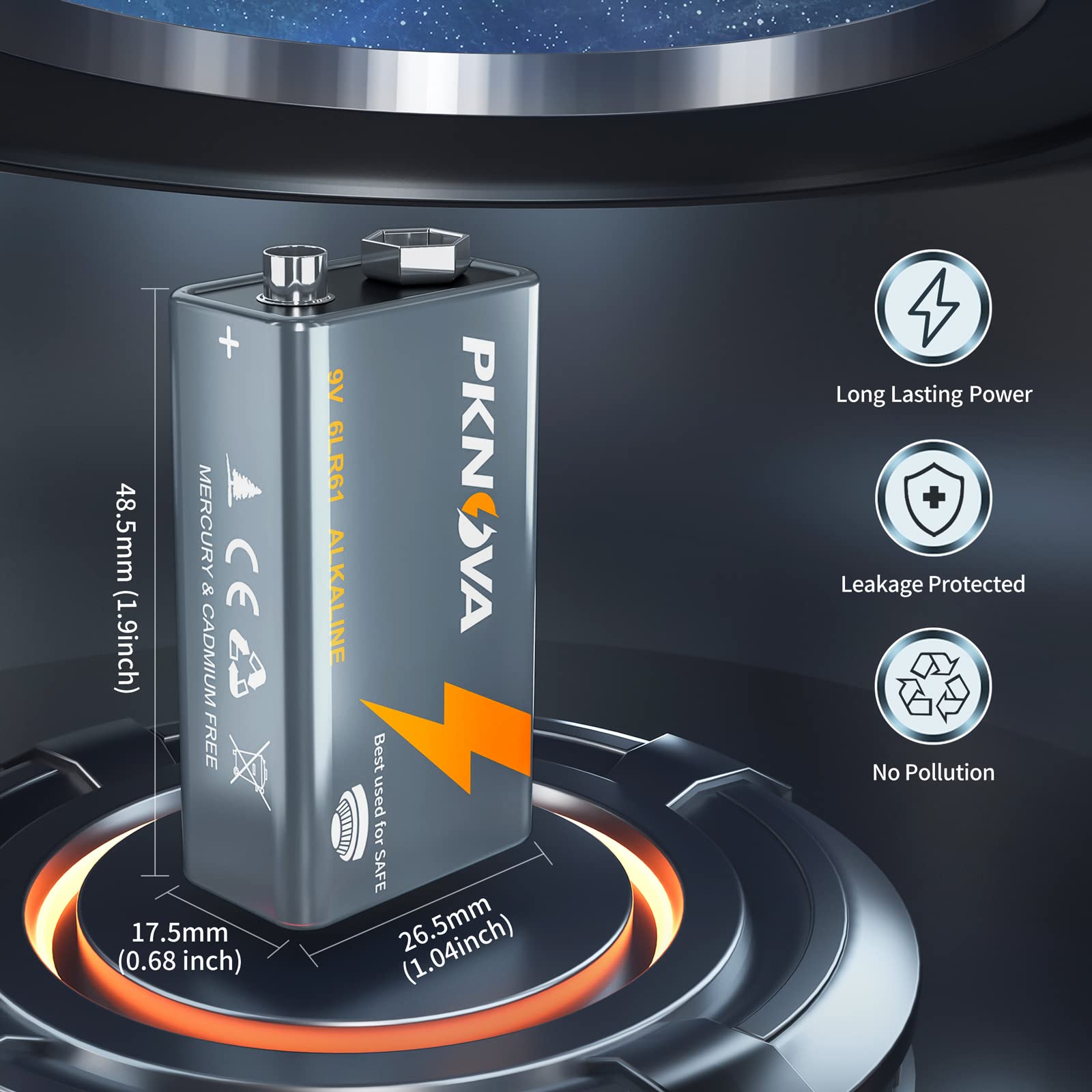 Pknova 9V Batteries Alkaline 9 Volt Square Battery For Smoke Detector, Long Lasting, 6 Count Pack