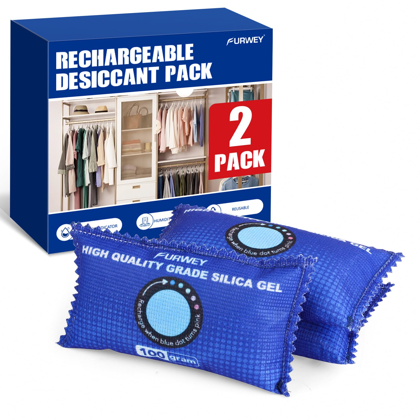 FURWEY 2 Pack Rechargeable Desiccant Packs, 100g Each, Blue, Color Indicating Silica Gel Dehumidifier Bags for Storage, Closets,