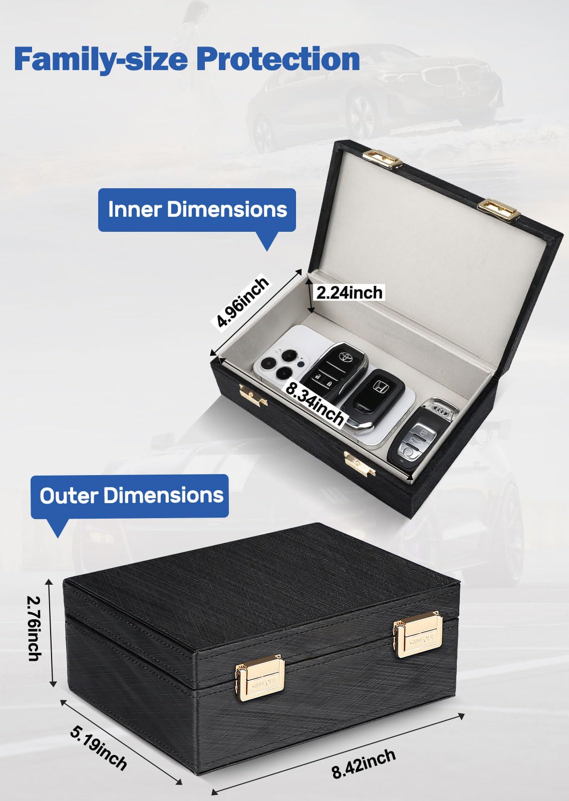 Samfolk Faraday Box & 2 Pack Key Fob Protector, Charcoal Black, 8.42 x 5.19 x 2.76, Signal Blocking Anti-Theft for