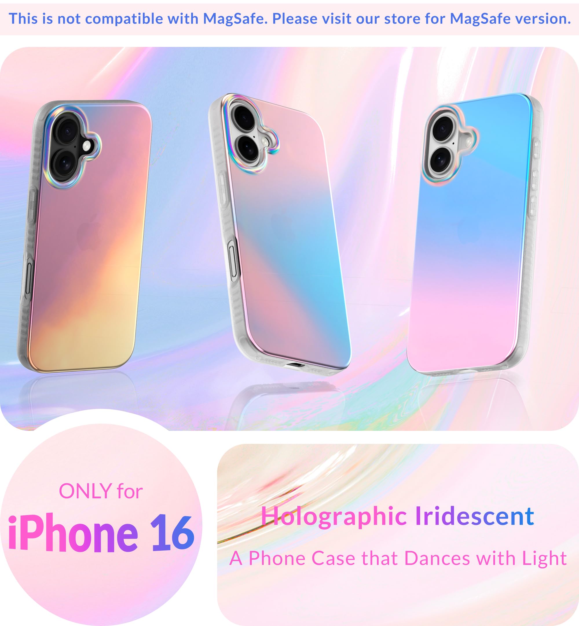 Lonli Hue   For Iphone 16 Case   Holographic Iridescent Phone Case   [360 Shock Absorbent Bumper]   Cute, Unique And Aesthetic P