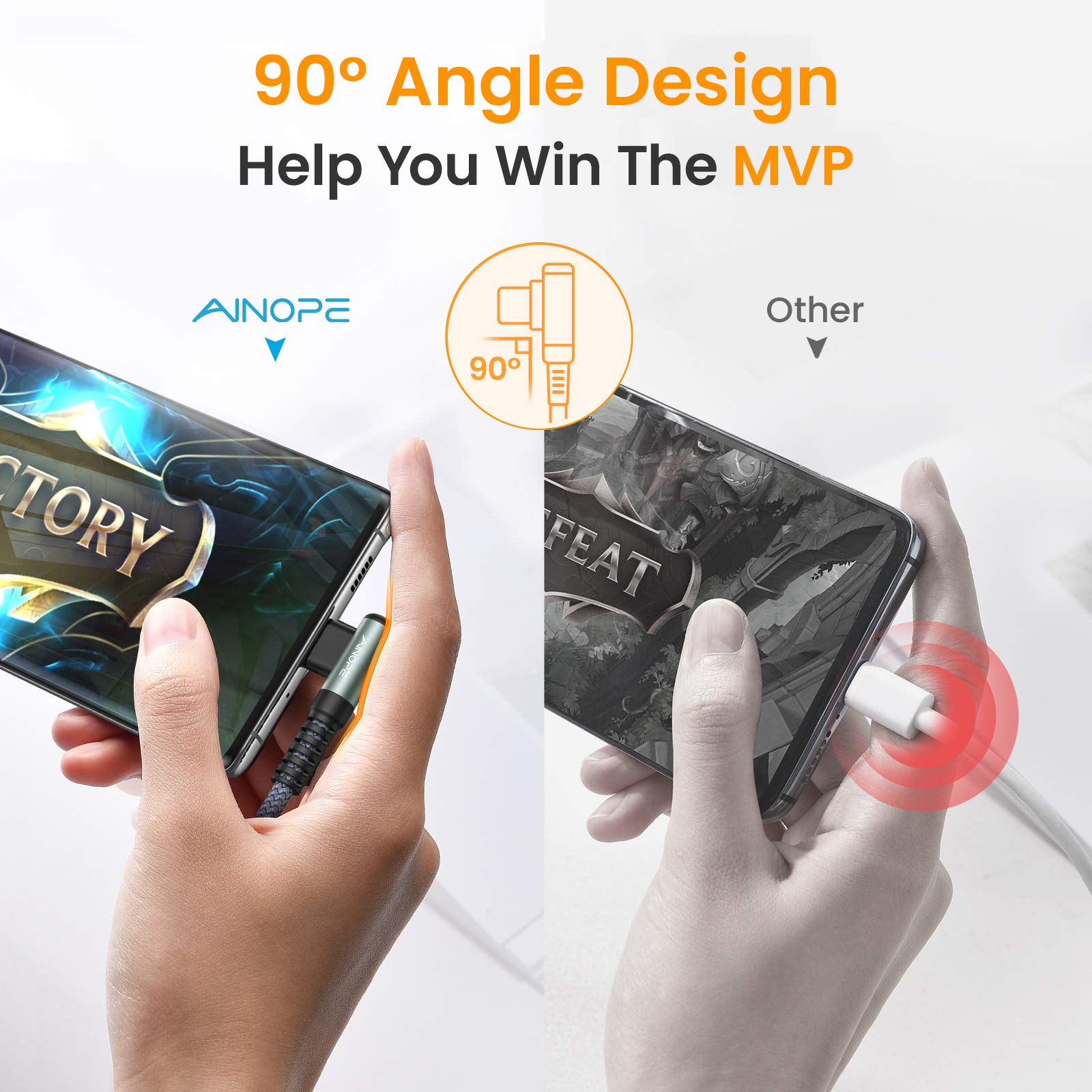 Ainope 2 Pack Usb To Usb C Cable 3.1A Fast Charge, [3.3Ft+10Ft] Right Angle Type C Charging Cable,Resistant Nylon Braided Usb C