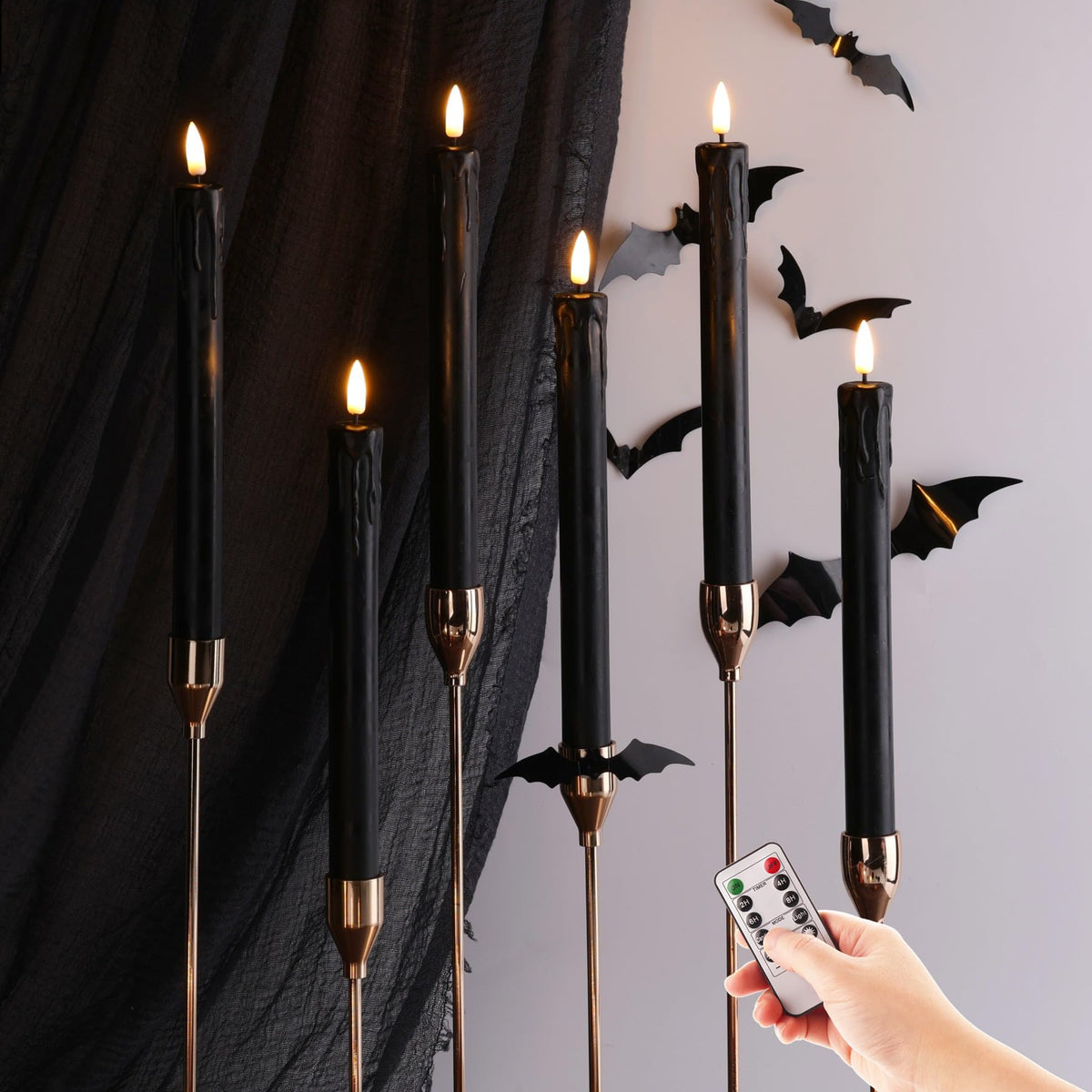 Eywamage Black Dripping Wax Flameless Taper Candles With Remote, Flickering Battery Powered Halloween Led Candlesticks Set Of 6