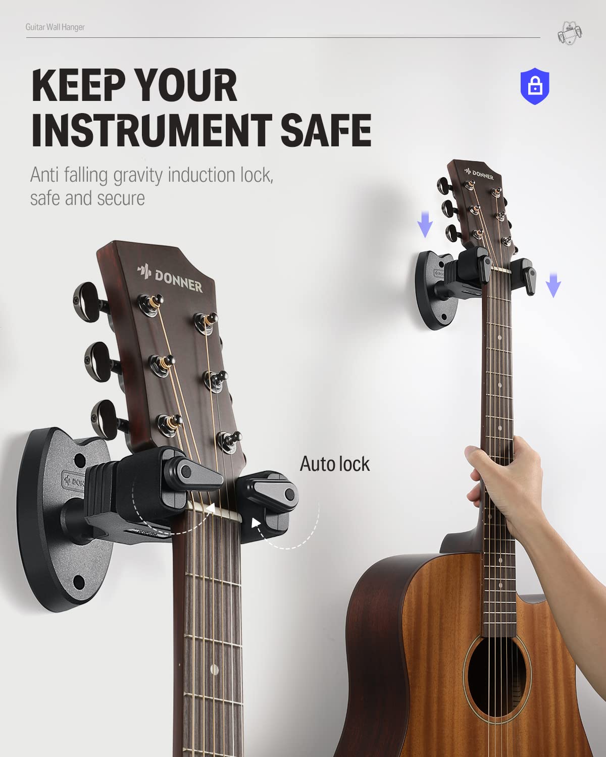 Donner Guitar Wall Mount Locking 2 Pack, Guitar Wall Hangers Auto Lock For Acoustic Electric Guitar Bass Mandolin, Black
