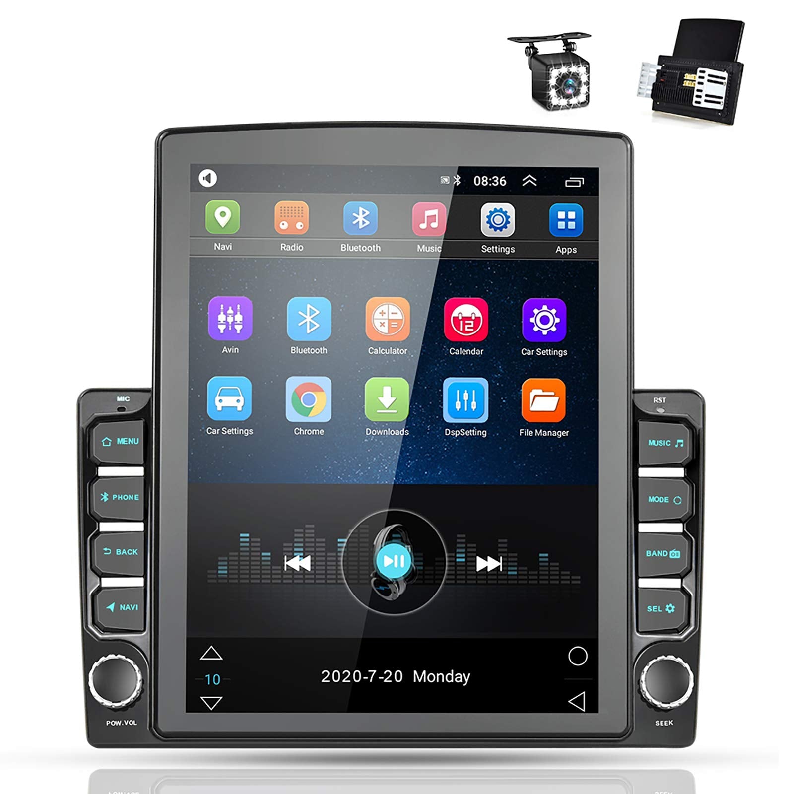 Android Double Din Gps Navigation Car Stereo, 9.7'' Vertical Touch Screen 2.5D Tempered Glass Mirror Bluetooth Car Radio With Ba