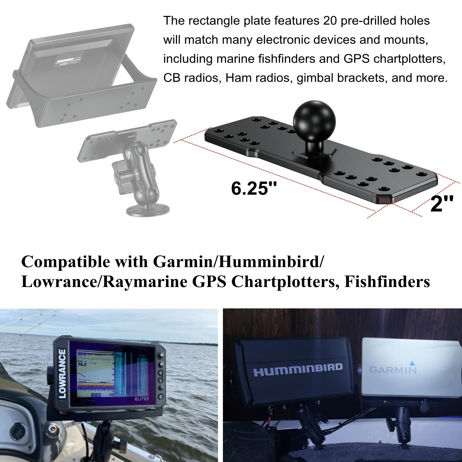 Brcovan 1'' Ball Fish Finder Mount Plate, Aluminum Alloy Universal Marine Electronic Plate For Garmin, Humminbird, Lowrance, Ray