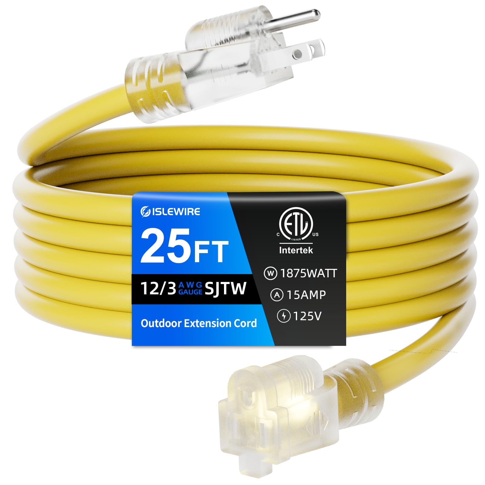 Islewire 12 Gauge Outdoor Extension Cord 25 Ft Waterproof, 3 Prong Plug, Sjtw Heavy Duty 15A 1875W, Yellow Extension Cable With