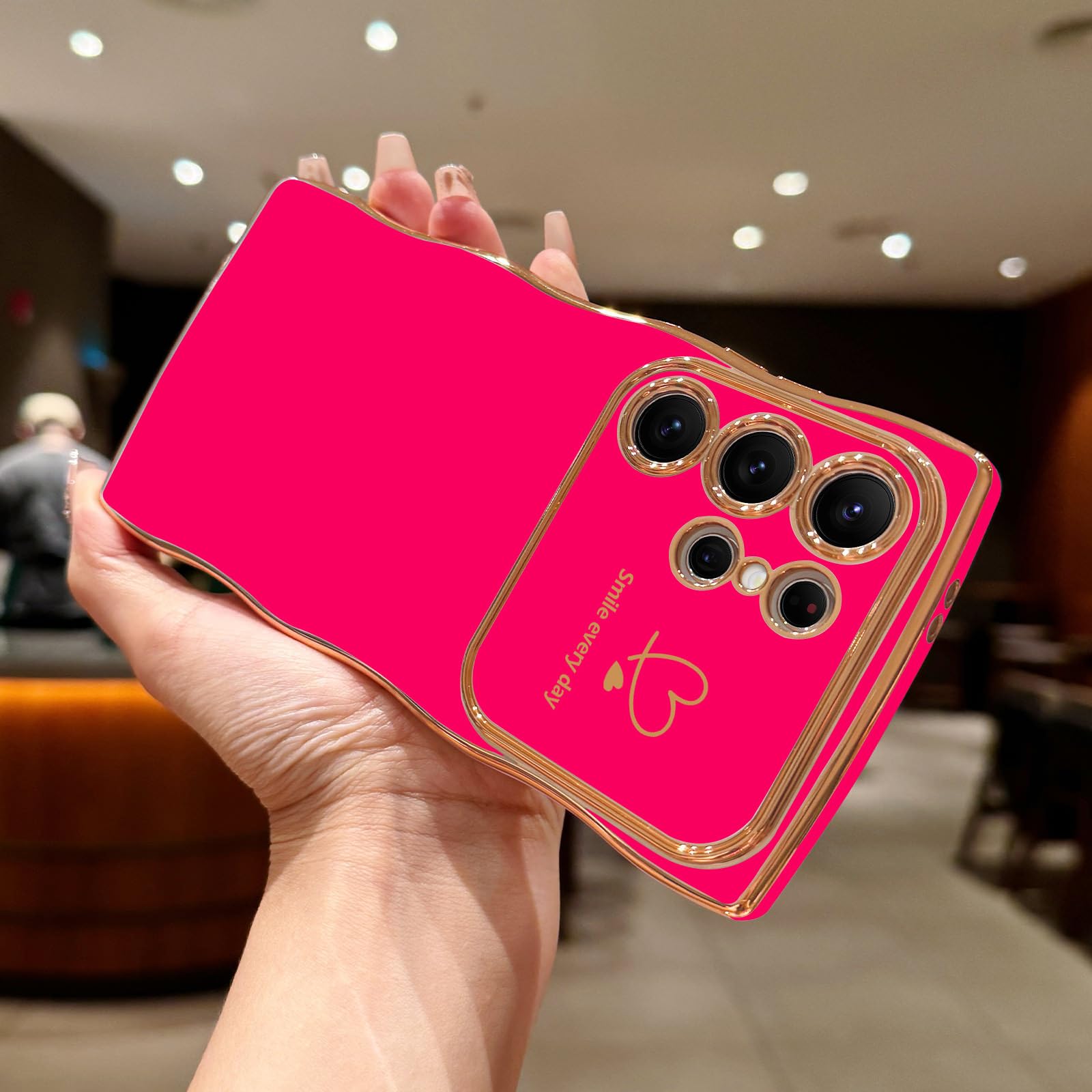 Lchulle For Samsung Galaxy S24 Ultra Case For Women Girls, Cute Wave Frame Curly Shape With Love Heart Raised Camera Protection