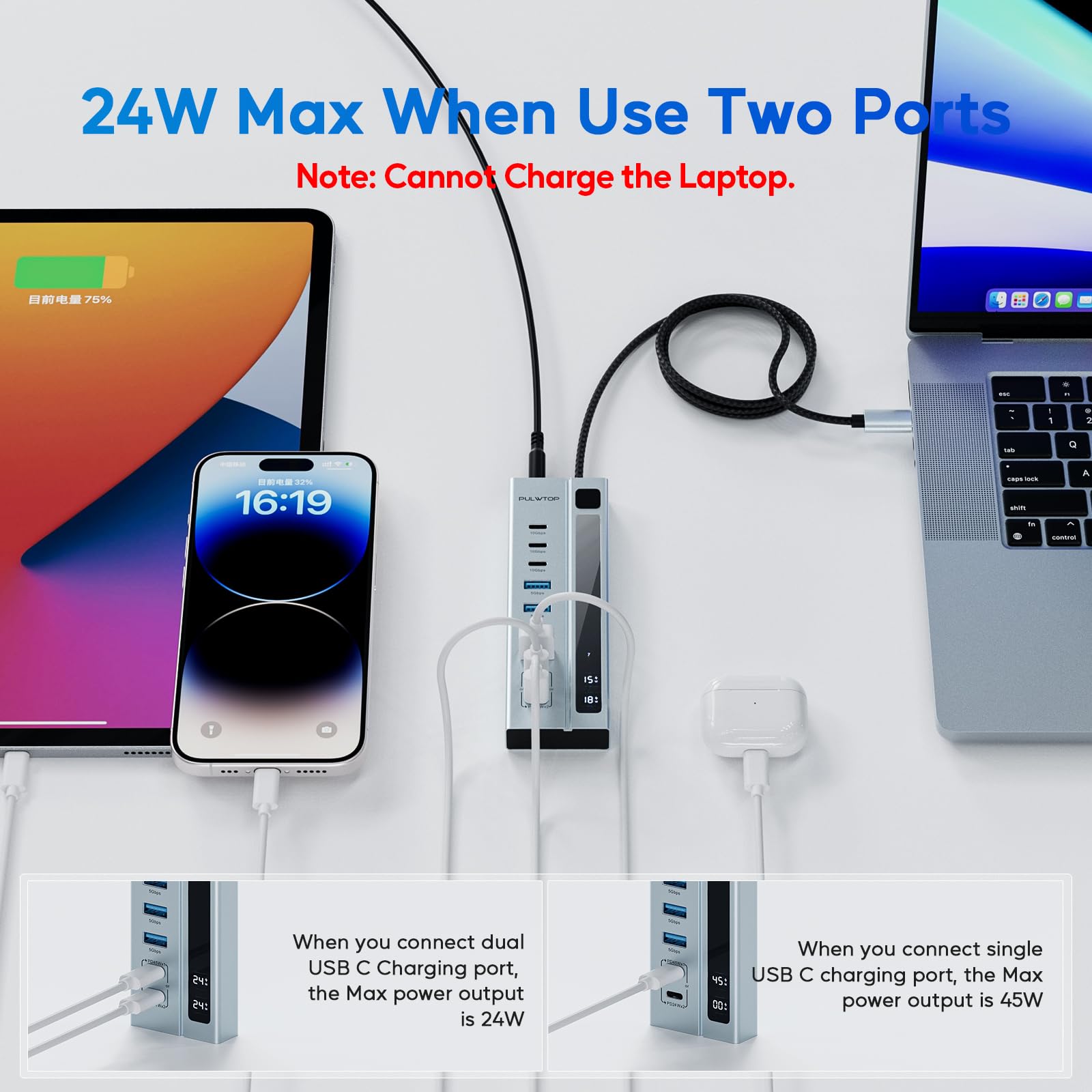 Pulwtop Powered Usb C Hub,Usb Hub Pd 45W Charging(Not Support Video),9 Port Support 10Gbps Data 3 Usb C 3.2,4 Usb 3.0 Ports With