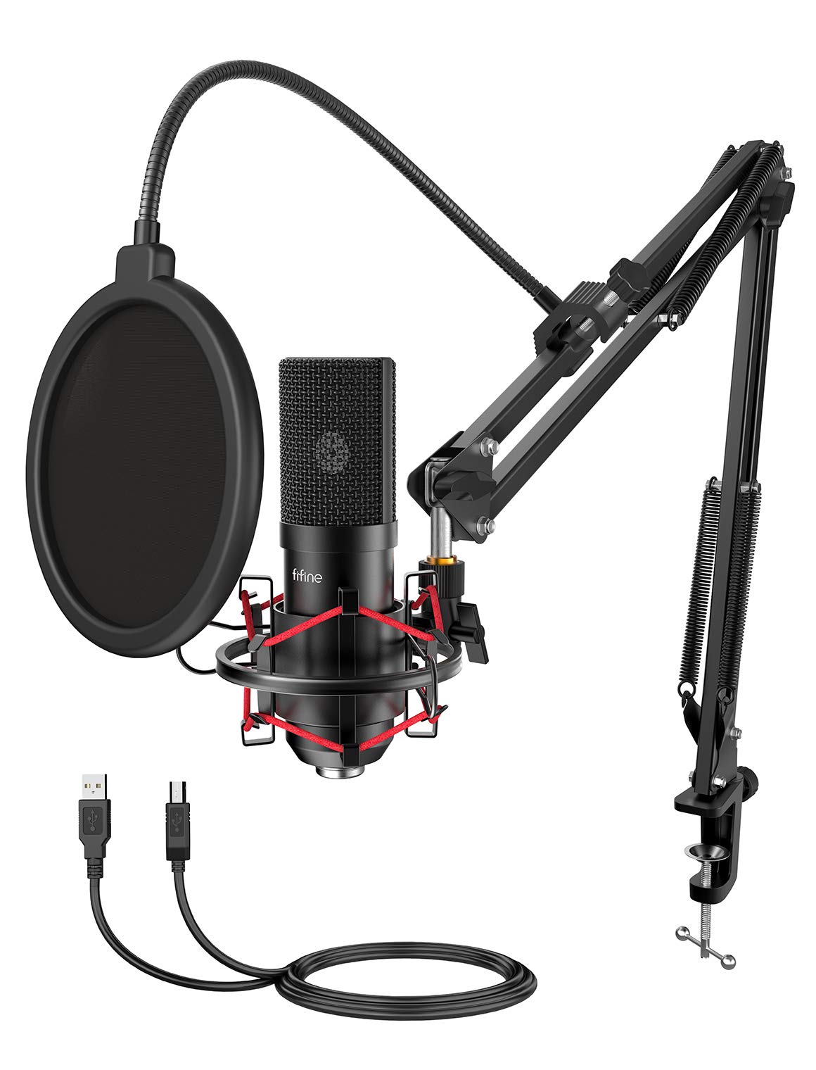 FIFINE USB Microphone Set with Flexible Boom Arm Stand Pop Filter, Plug and Play with PC Desktop Laptop Computer, Streaming Podc