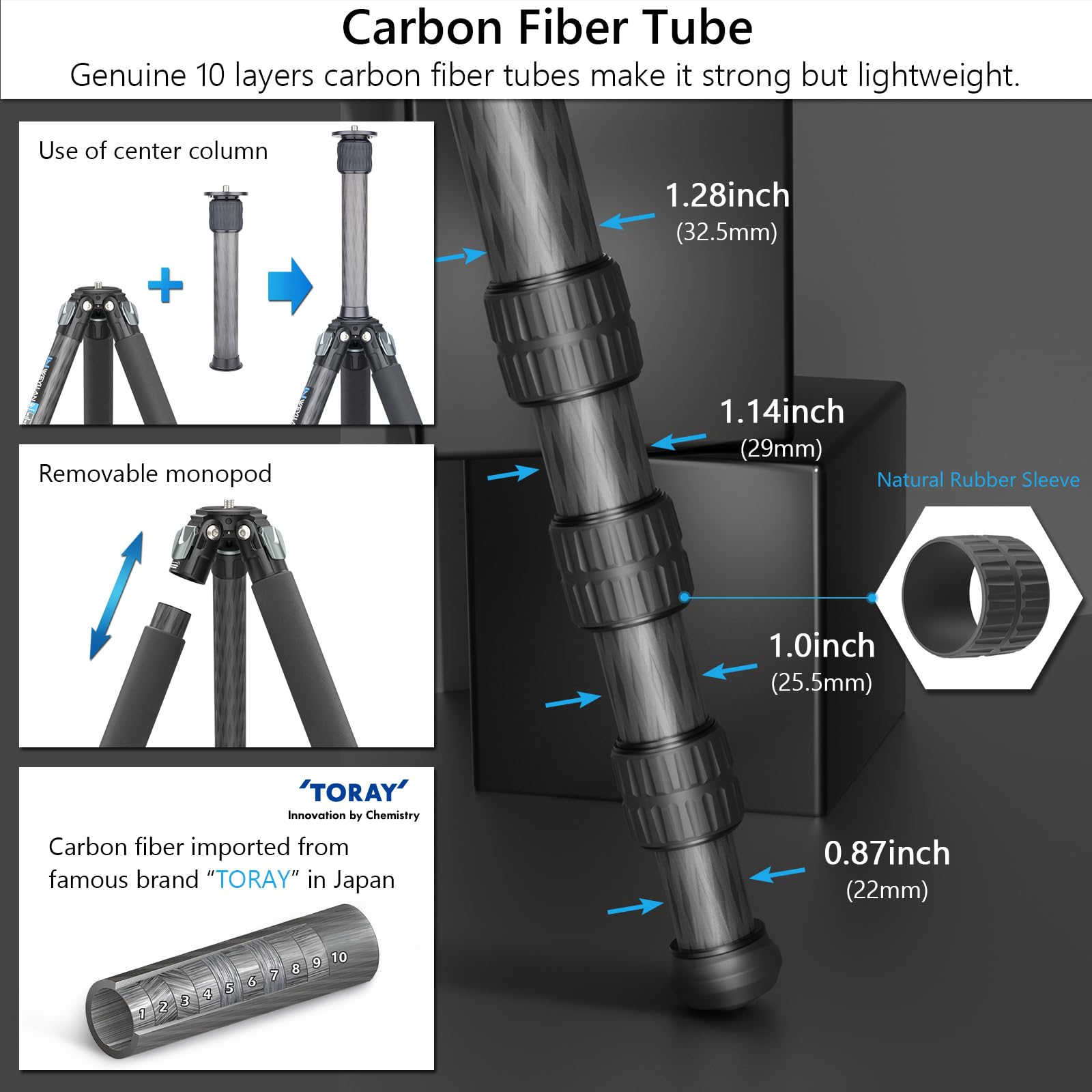 Carbon Fiber Heavy Duty Tripod Artcise 81'' Professional Tripod For Camera, 10 Layer Carbon Fibre Tube, 32.5Mm Leg With Low Profile Tripod Ball Head For Canon Nikon Sony, Dslr Slr Digital Camcorder
